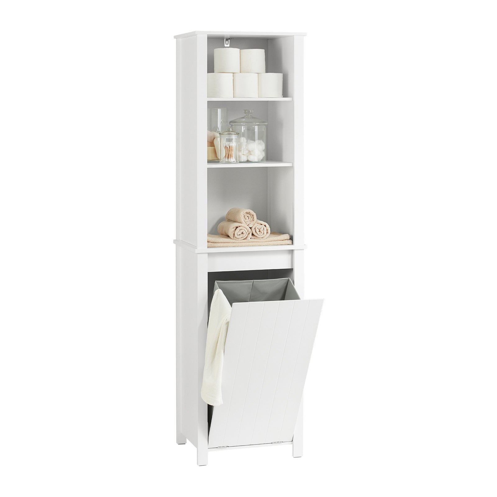 SoBuy BZR102-W Meuble Colonne de Salle de Bain, Armoire Haute, Colonne de Rangement, 3 Étagères, 1 Panier à Linge Amovible
