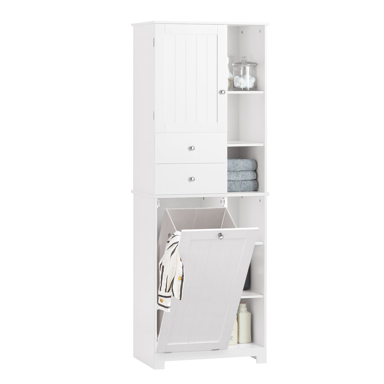 SoBuy BZR104-W Colonne Salle de Bain avec Panier à Linge Meuble Rangement Haut Armoire de Rangement avec 6 Étagères et 2 Tiroirs Meuble Salle de Bain avec Panier Blanc 60x37x171 cm 