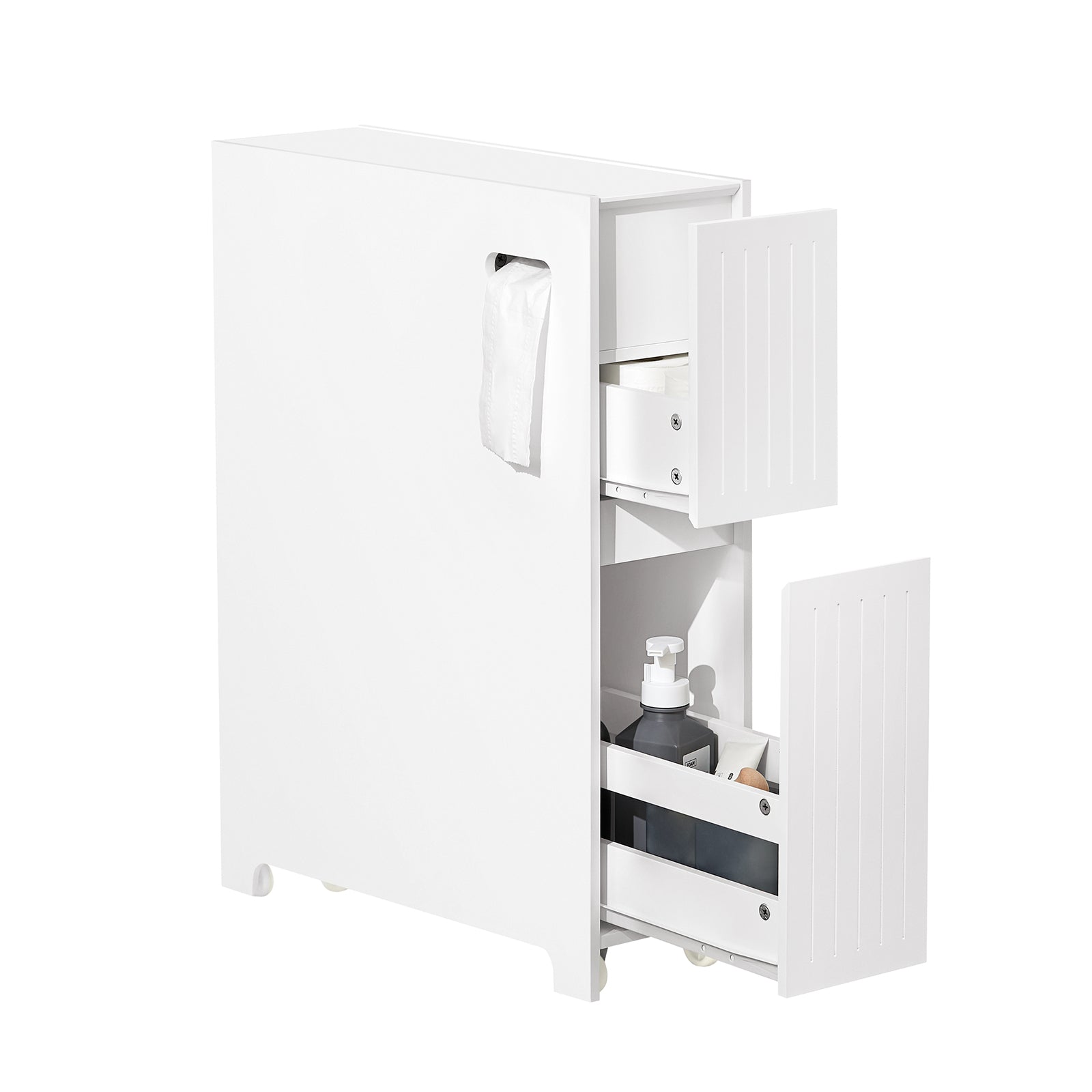SoBuy BZR111-W Armoire WC Toilettes Compact Salle de Bain Étroit sur Roulettes, Support Papier Toilette