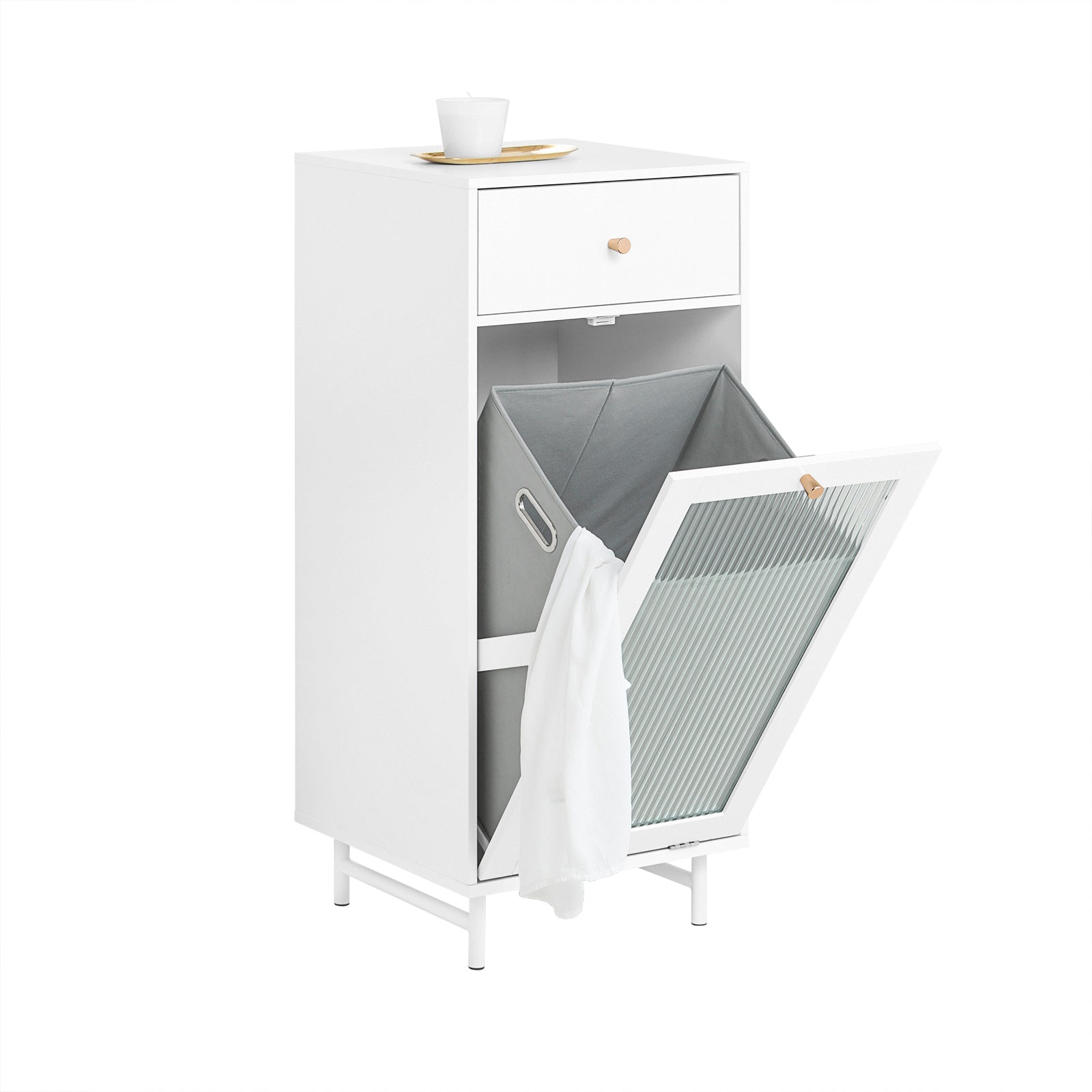 SoBuy BZR116-W Armoire à Linge Avec Sac à Linge Corbeille à Linge Panier à Linge Amovible Meuble Bas de Salle de Bain
