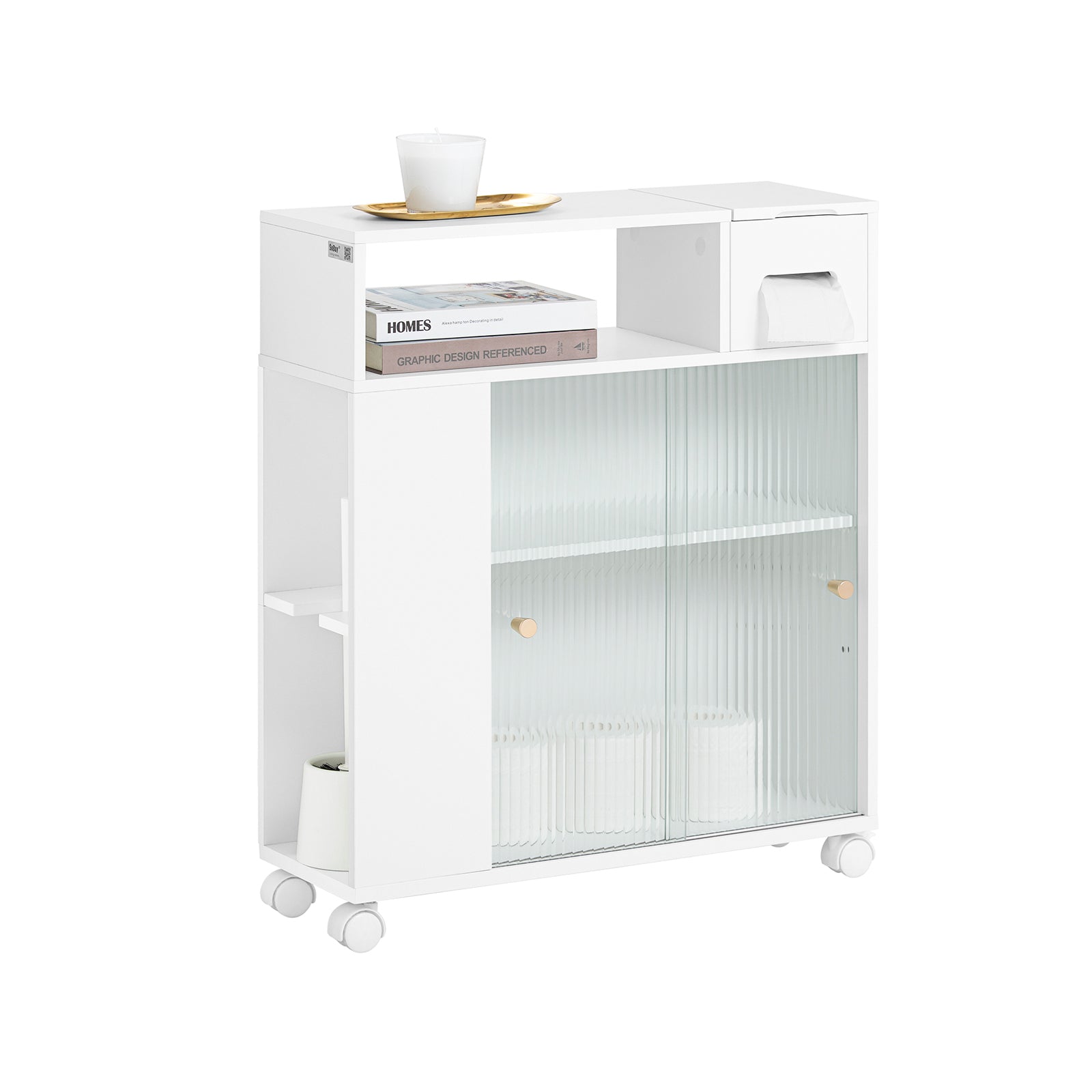 SoBuy BZR117-W Armoire WC Toilettes, Meuble Étroit Salle de Bain sur Roulettes, Support Papier Toilette avec 2 Portes Coulissantes en Verre