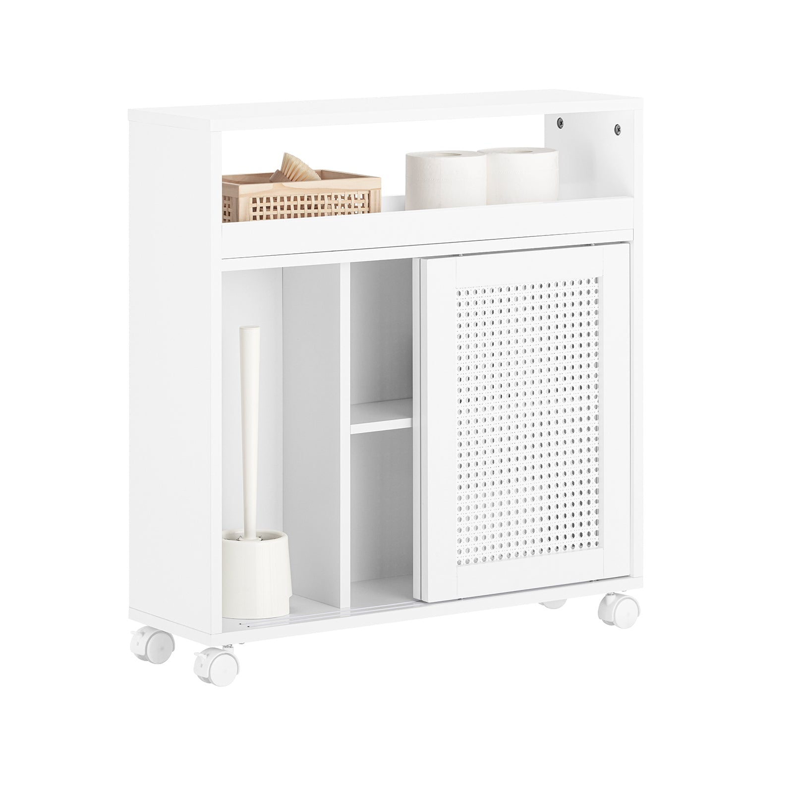 SoBuy BZR119-W Armoire WC Toilettes Compact Roulante Salle de Bain Etroit Sur Roulettes, Support Papier Toilette