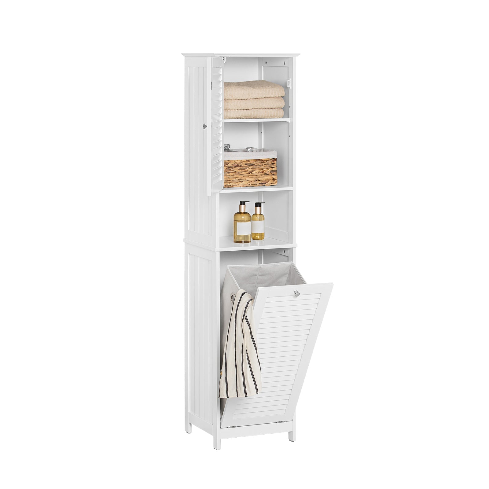 SoBuy BZR124-W Meuble Colonne de Salle de Bain, Placard Armoire Toilette Haute, avec 1 Porte, 1 Tiroir et 1 Panier à Linge Amovible