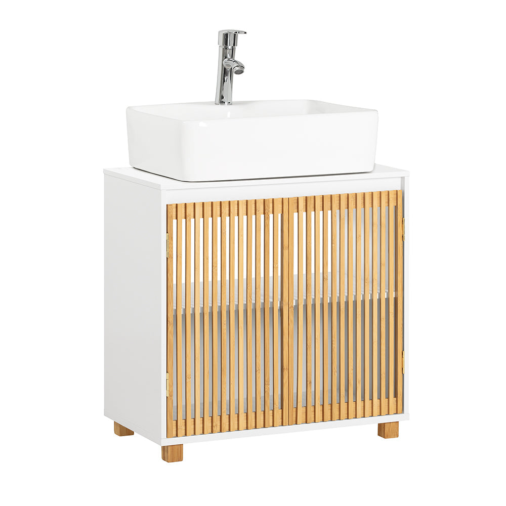 SoBuy BZR125-W Meubly sous Lavabo de Salle de Bain, Meubly sous Vasque à 2 Portes en Bambou, Meubly évier de Cuisine