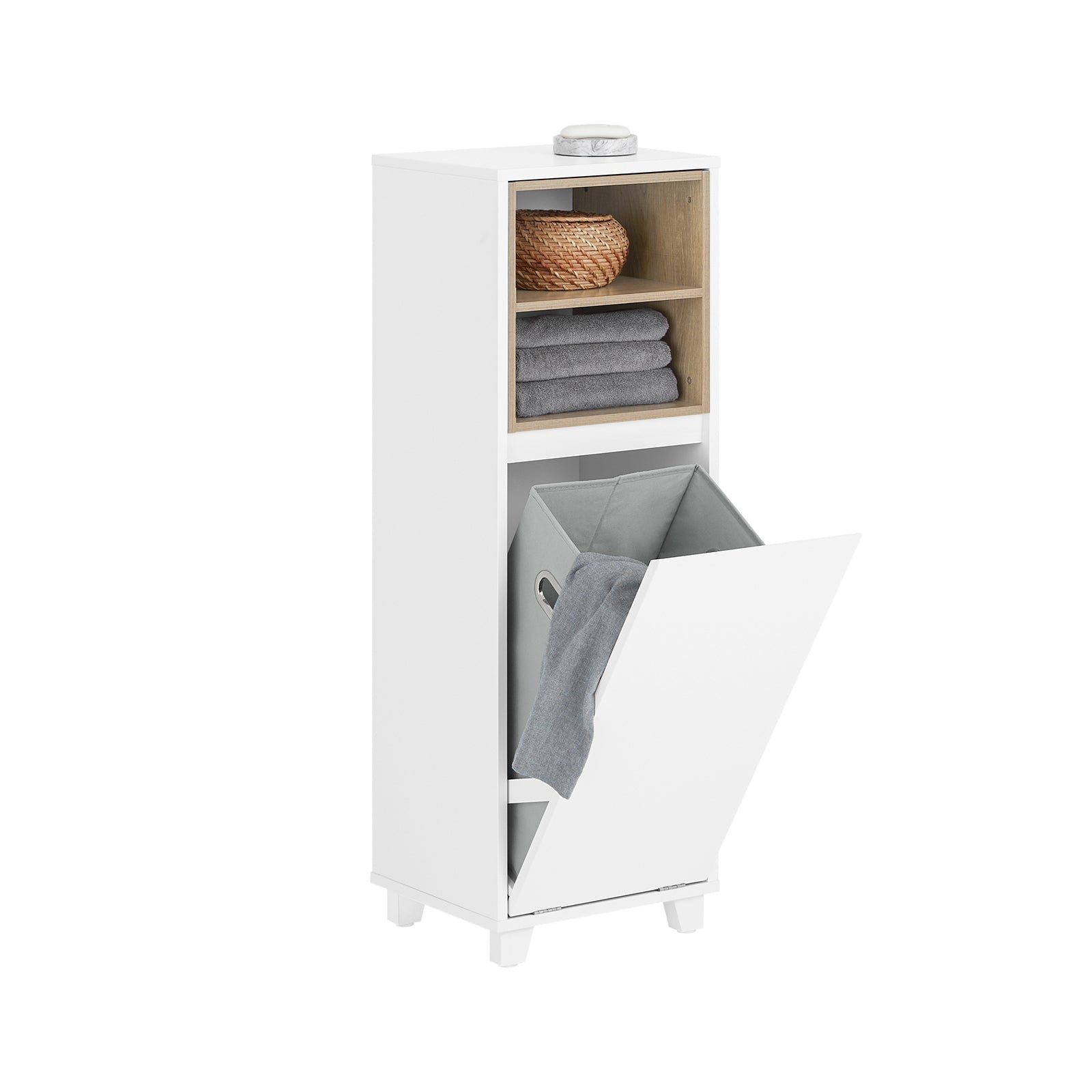 SoBuy BZR146-W Meuble Bas de Salle de Bain, Armoire de Rangement Salle de Bain, Placard WC Étroit avec 1 Panier à Linge
