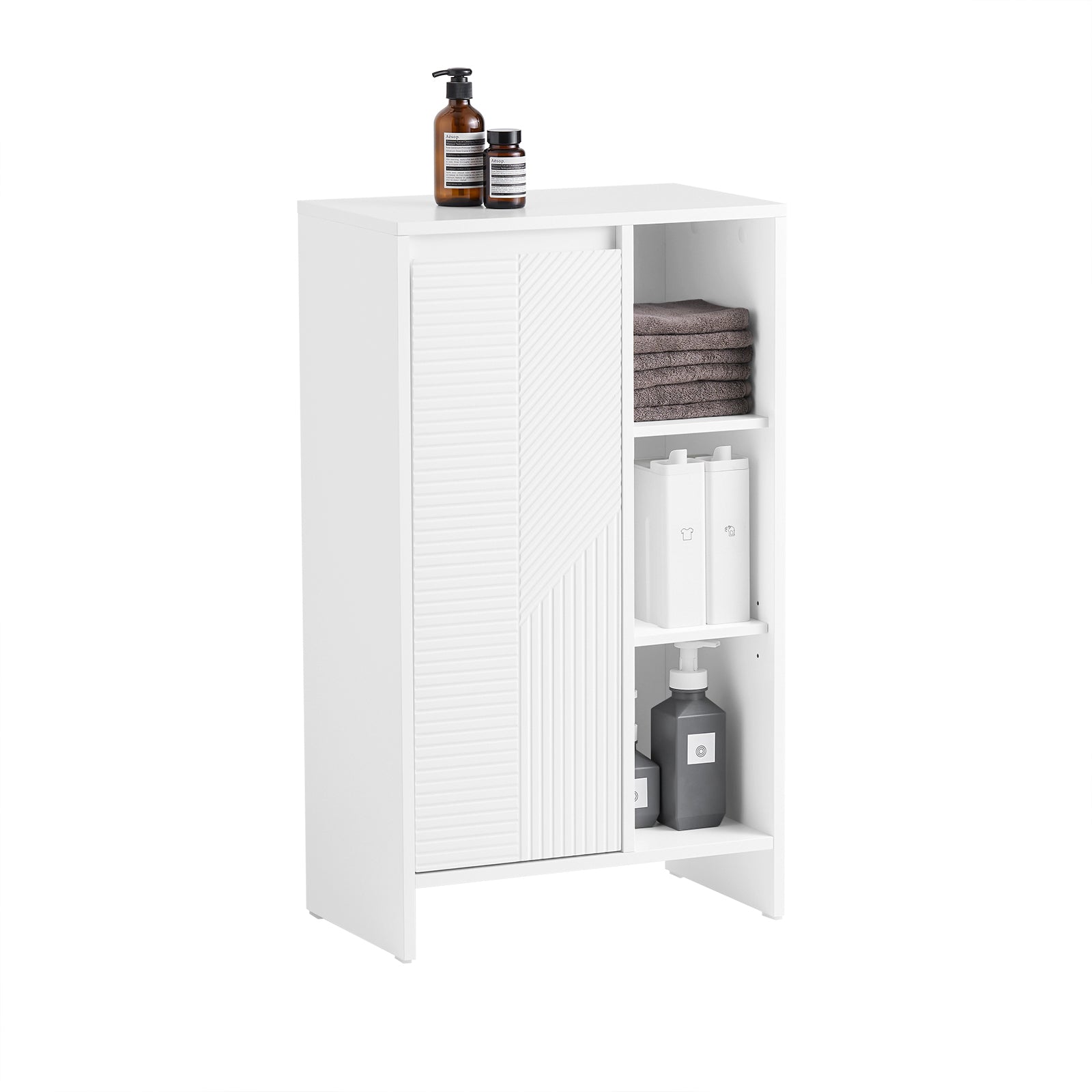 SoBuy BZR156-W Armoire à Linge avec Sac à Linge, Meuble Bas de Salle de Bain avec 1 Panier à Linge, 3 Étagères Ouverts