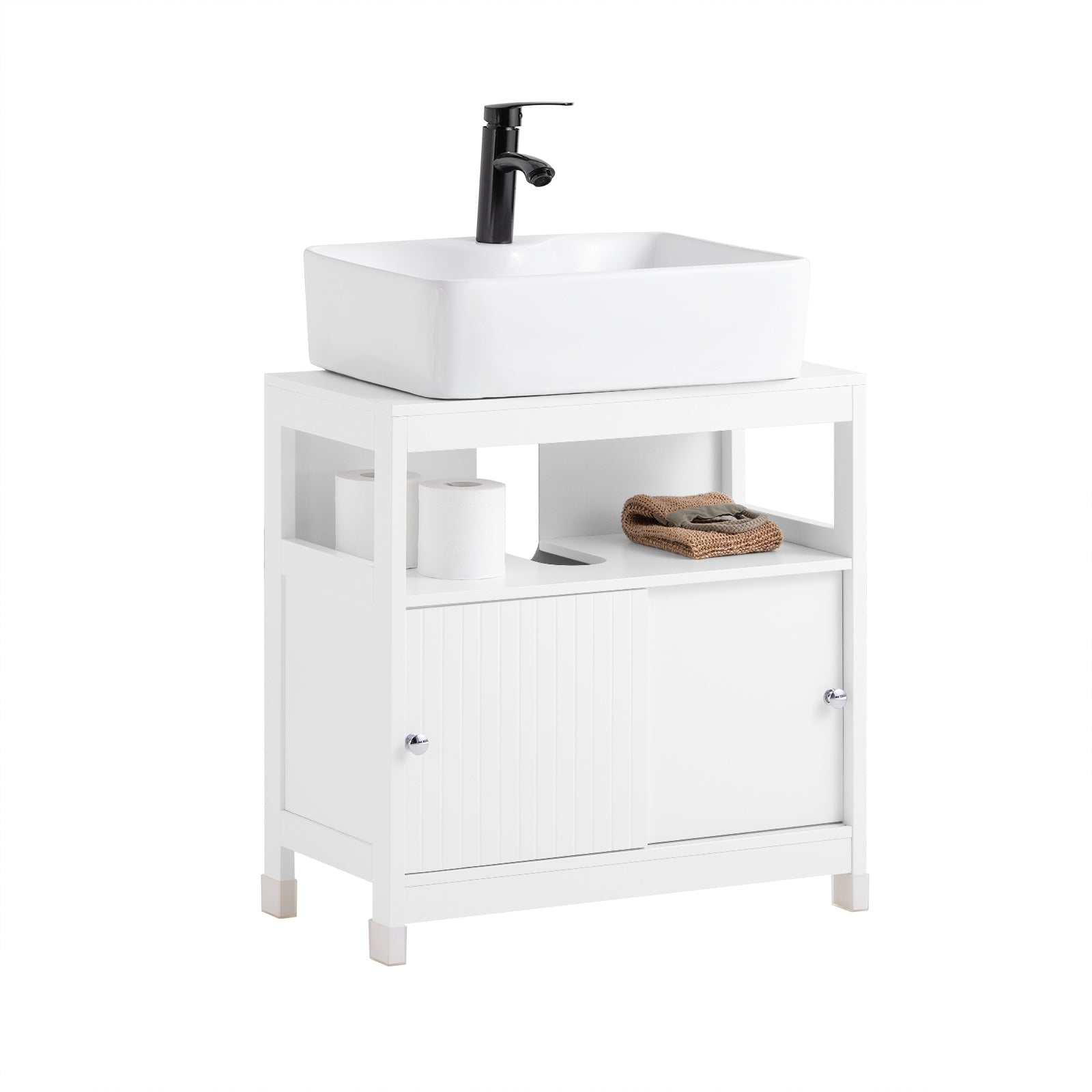 SoBuy BZR185-W Meuble sous-Lavabo, Meuble sous-Vasque Meuble de Rangement de Salle de Bain, 2 Etagères, 2 Portes Coulissantes