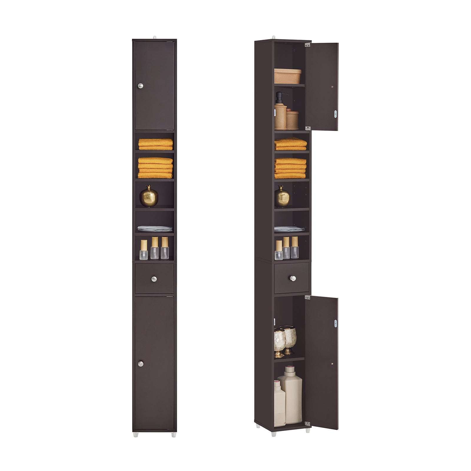 SoBuy BZR34-BR Meuble Colonne Armoire Haut de Salle de Bain avec 1 Tiroir, 2 Portes et 5 Compartiments 