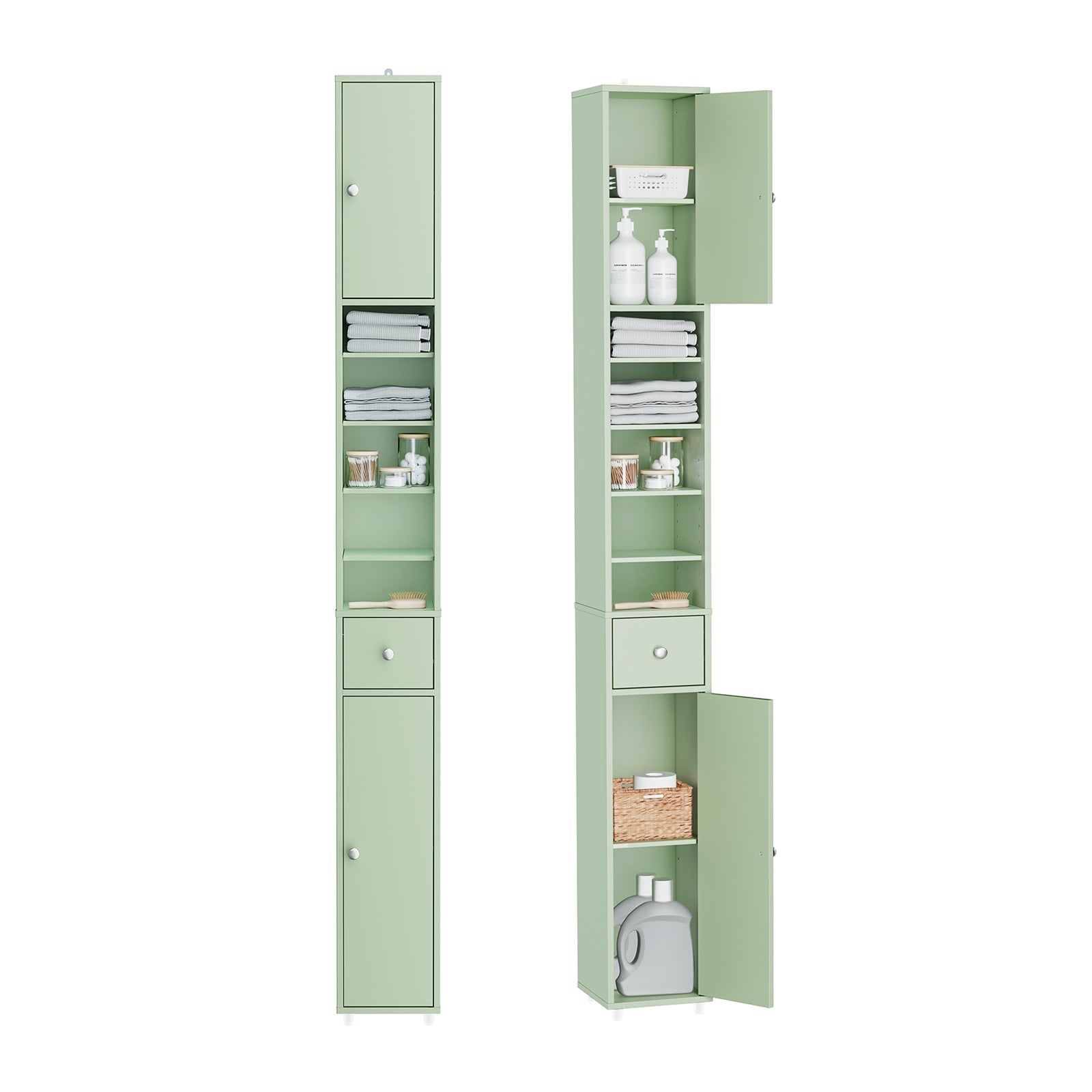 SoBuy BZR34-II-GR Meuble Colonne Salle de Bain, Armoire de Rangement Étroite avec Tiroir et Étagères réglables - Meuble Salle de Bain Compact pour WC, Petits Espaces - Vert clair, MDF, 20x20x180cm 