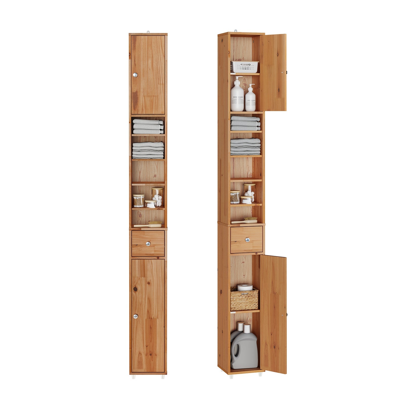 SoBuy BZR34-II-SH Meuble Colonne Salle de Bain en Bois Massif, Armoire de Rangement Étroite avec Tiroir et Compartiments Ouverts, Étagères réglables, Couleur Bois, 20x20x180 cm 