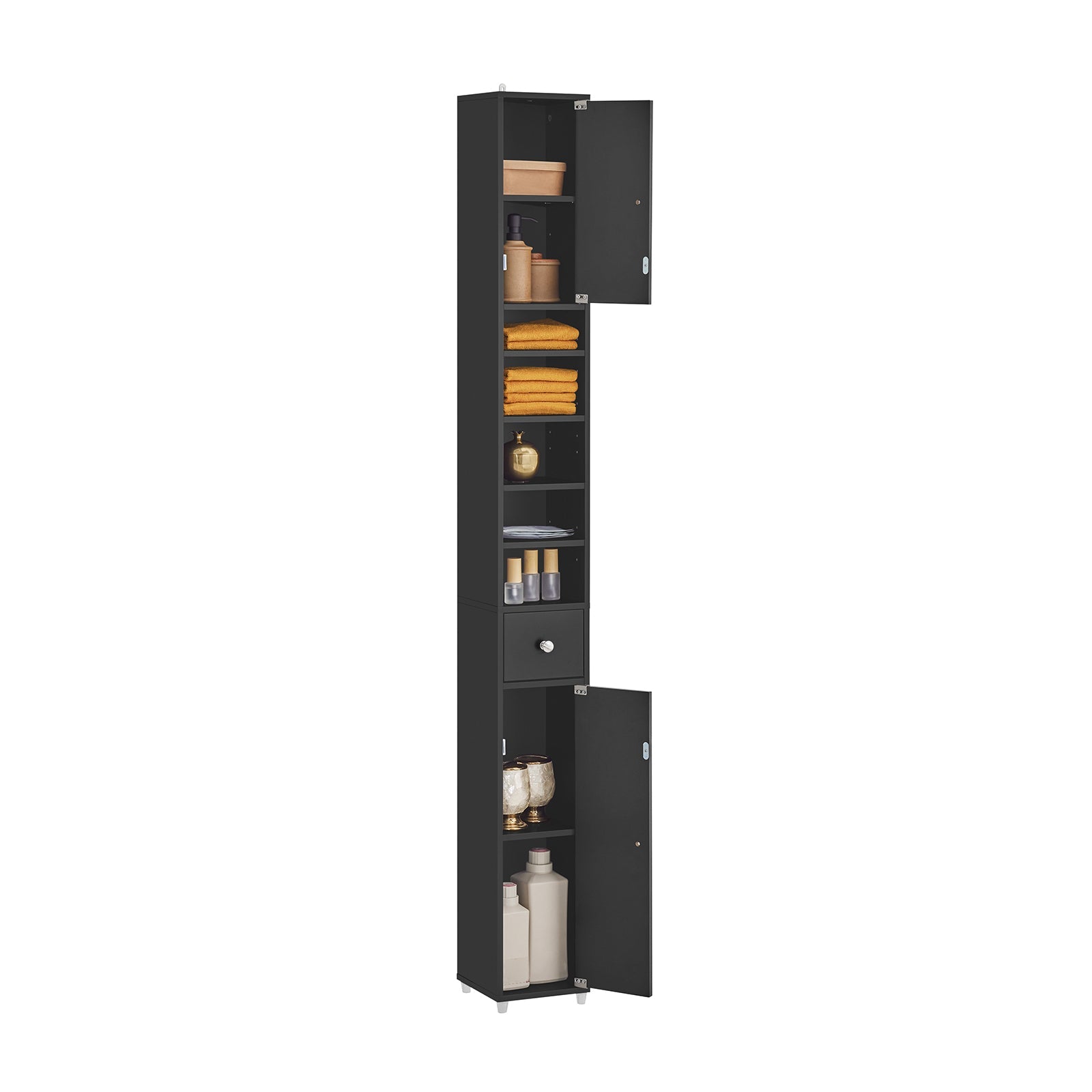SoBuy BZR34-SCH Meuble Colonne Armoire Haut de Salle de Bain avec 1 Tiroir, 2 Portes et 5 Compartiments 
