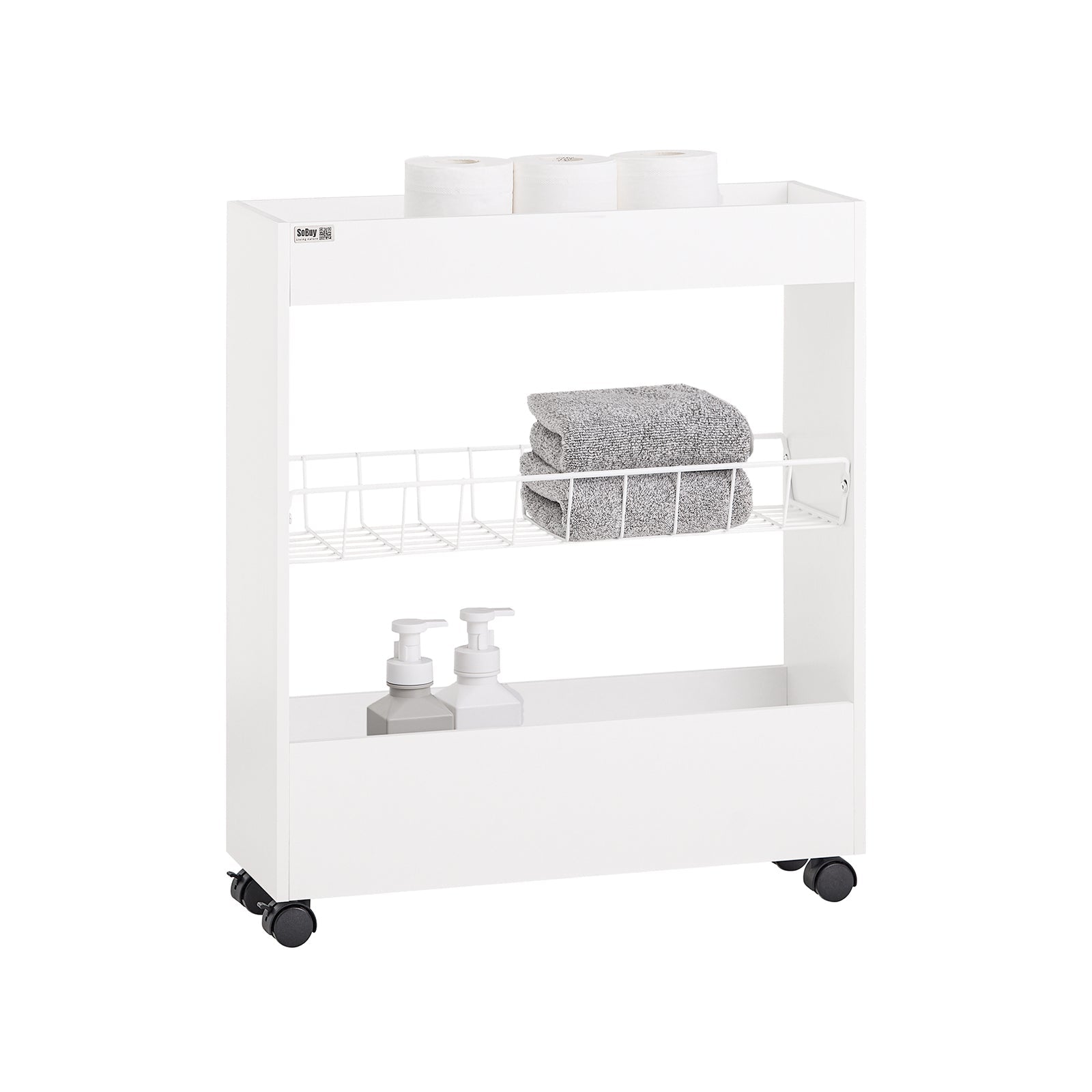 SoBuy BZR46-W Chariot de Rangement Mobile Sur 3 Niveaux Étagère de Niche à Roulettes en Bois et Métal
