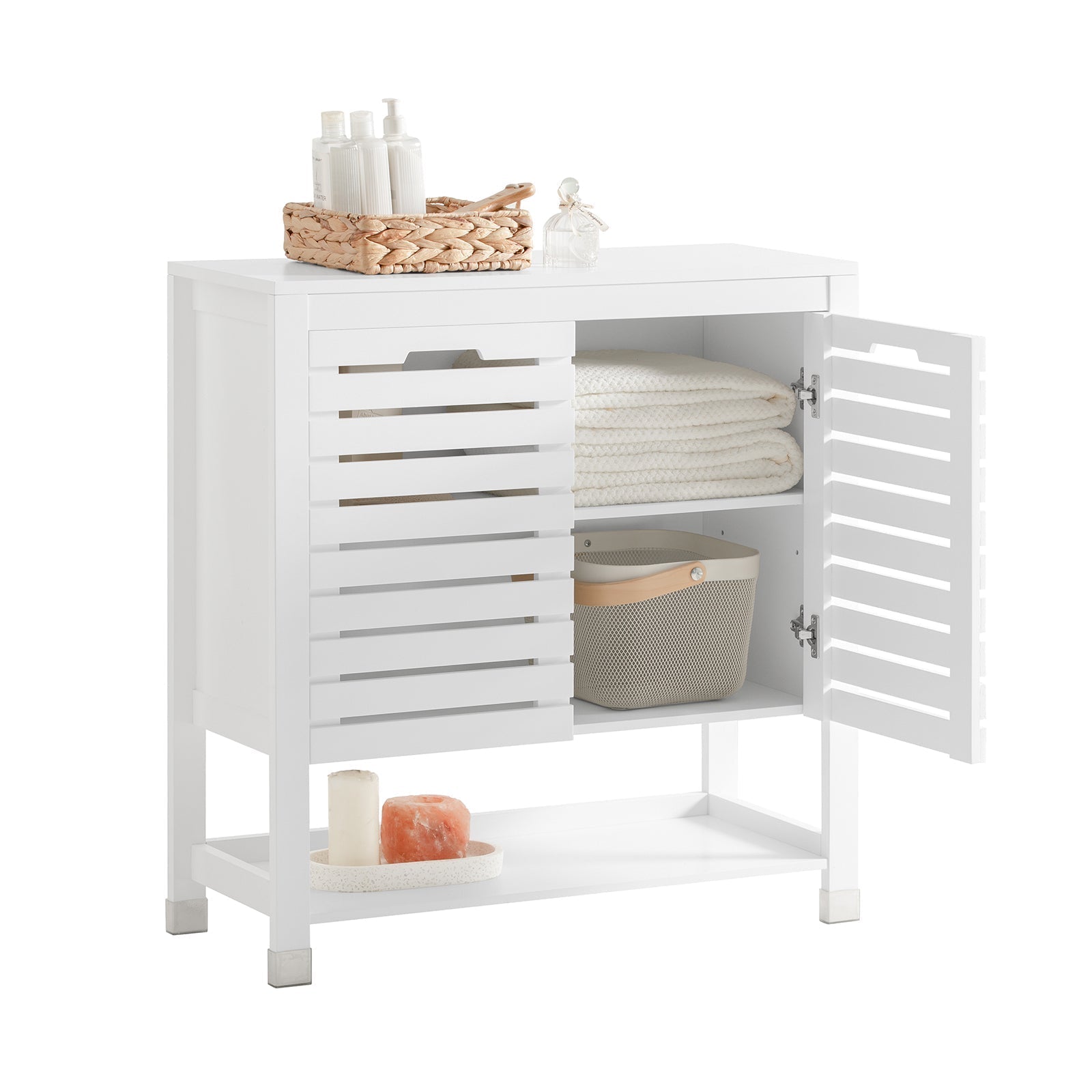 SoBuy BZR50-W Meuble Bas de Salle de Bain Armoire de Salle de Bain sur Pieds avec 1 Compartiment Ouvert et 2 Portes Meuble de Rangement 