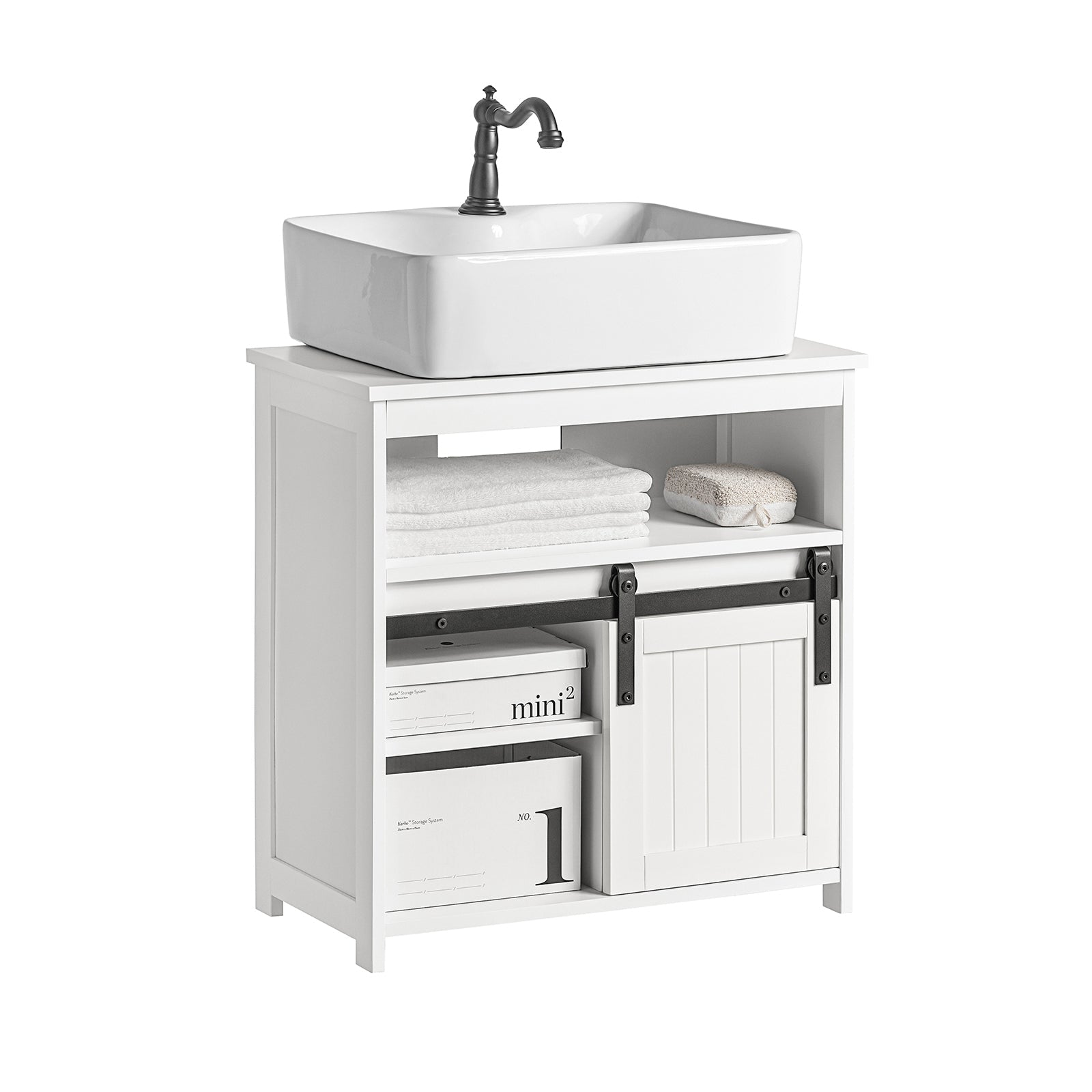 SoBuy BZR61-W Meuble sous Lavabo, Meuble de Salle de Bain, Placard de Rangement, Armoire Salle de Bain et Porte de Grange 