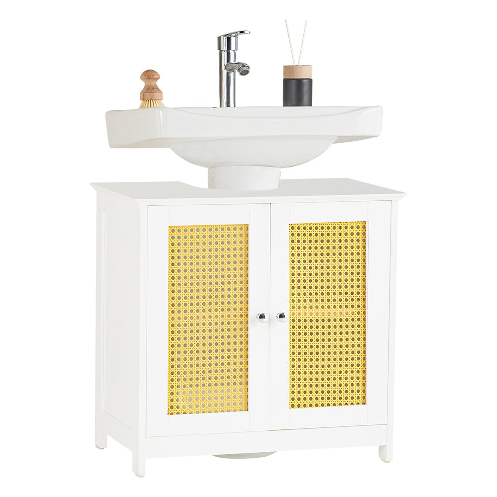 SoBuy BZR72-II-W Meubly sous-Lavabo, Meubly sous-Vasque avec 2 propriétés et 2 Ports en Ploy Rotin, Vasque Housse Colonne lavabo