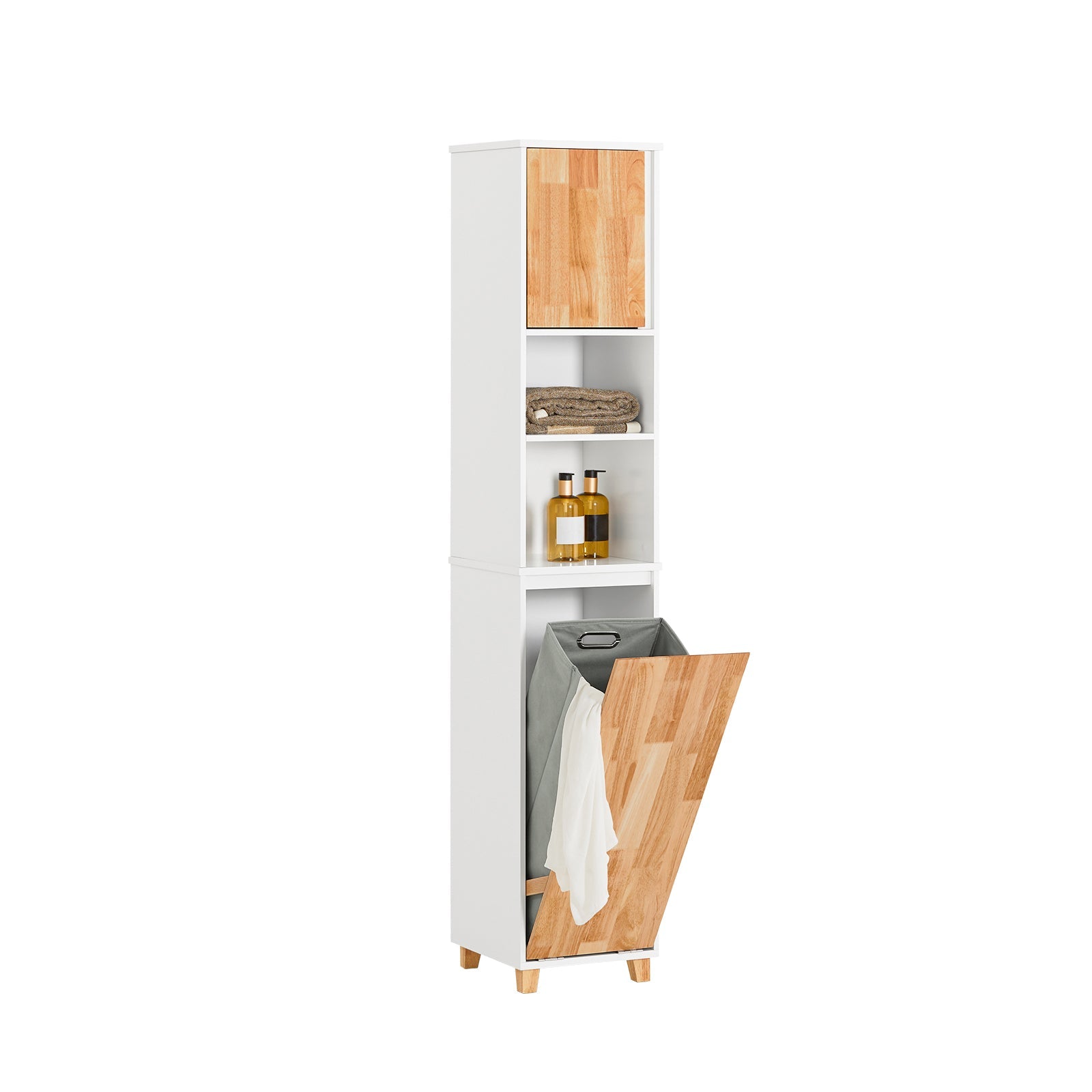 SoBuy BZR74-W Meuble Colonne de Salle De Bain, Armoire Haute Étroite, Placard de Rangement avec 2 Niches, 1 Porte et 1 Panier à Linge