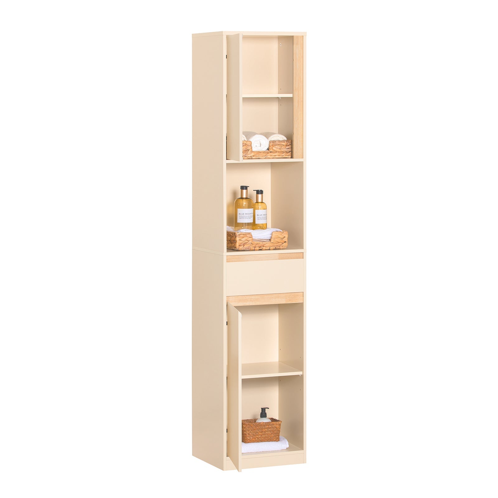 SoBuy BZR80-MI Meuble Colonne de Salle de Bain, Armoire Haute, Placard de Rangement avec 1 Compartiment Ouvert, 1 Tiroir et 2 Portes