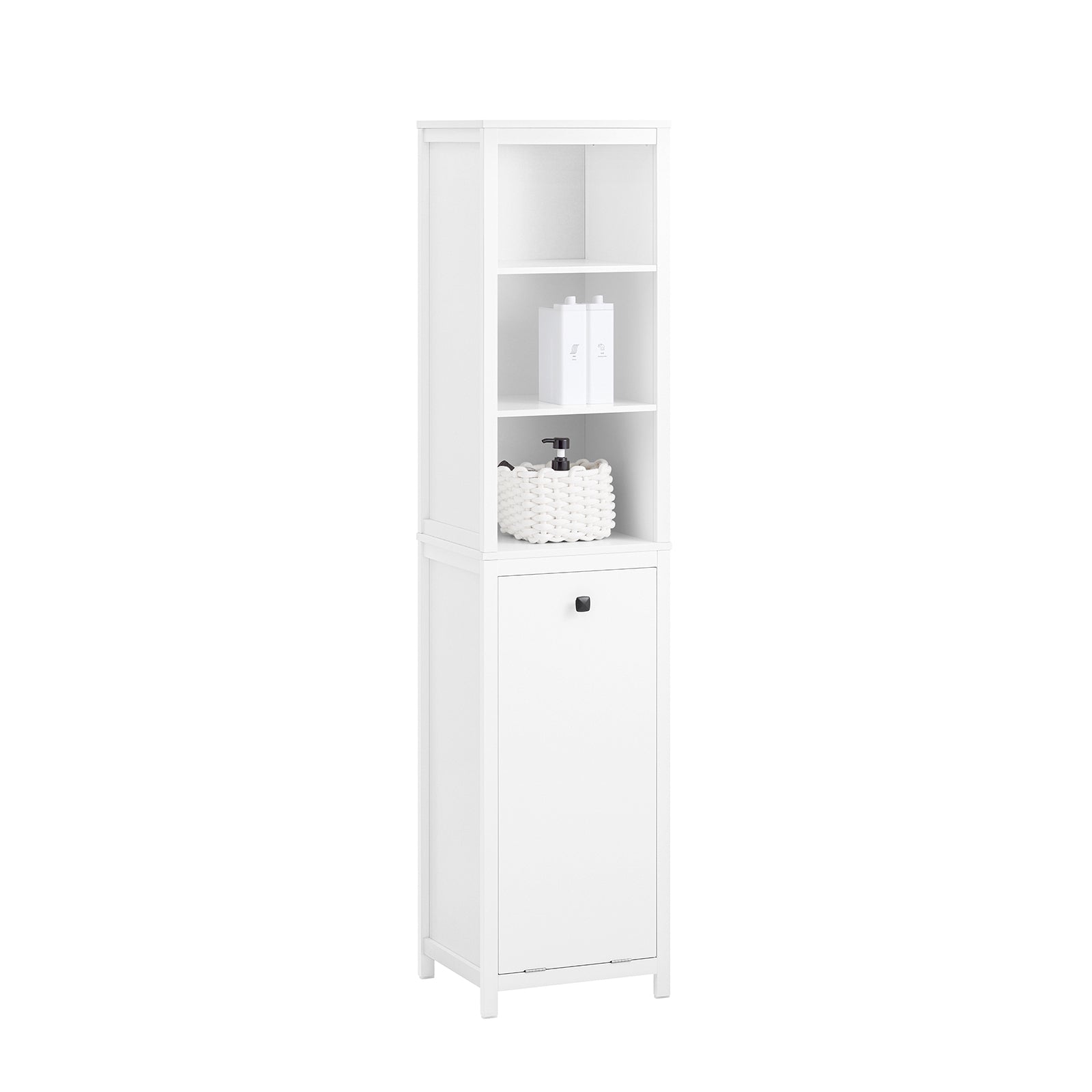 SoBuy BZR95-W Meuble Colonne de Salle de Bain, Étagère de Rangement avec 1 Panier à Linge et 3 Étagères