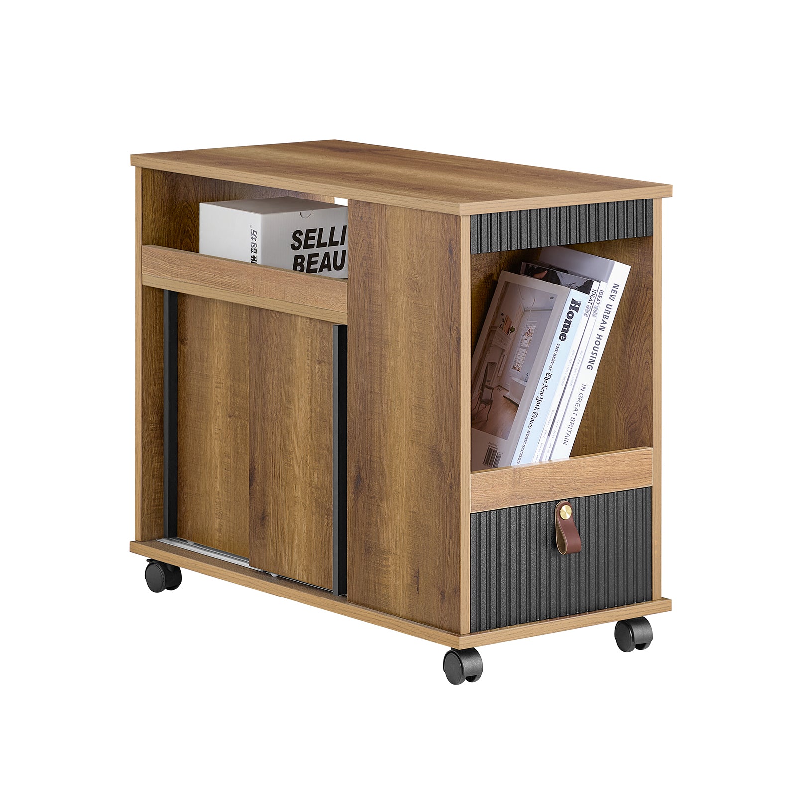 SoBuy FBT143-PF Boutique Canapé Sur Roulettes Table de Chevet Table d'Appoint avec 1 Tiroir, 2 Compartiments Ouverts et 4 Portes