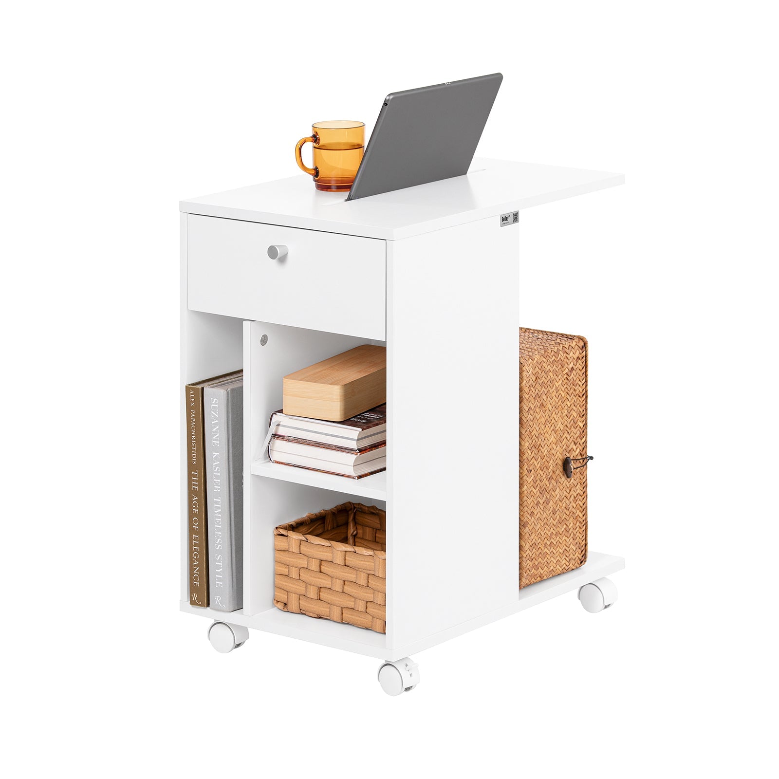 SoBuy FBT148-W Boutique Canapé Sur Roulette Table Chevet Table Nuit Table d'Appoint Avec 1 Tiroir et 3 Compartiments Ouverts
