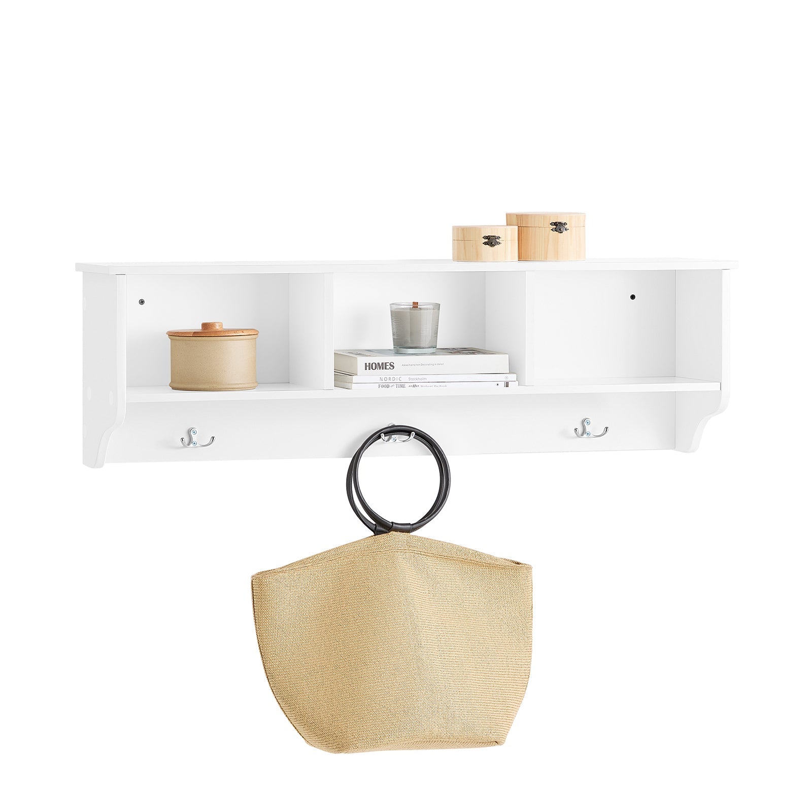 SoBuy FHK35-W Porte Manteau Mural, Étagère de Rangement, Meuble d'Entrée avec 3 Compartiments et 3 Crochets, L100xP20xH30