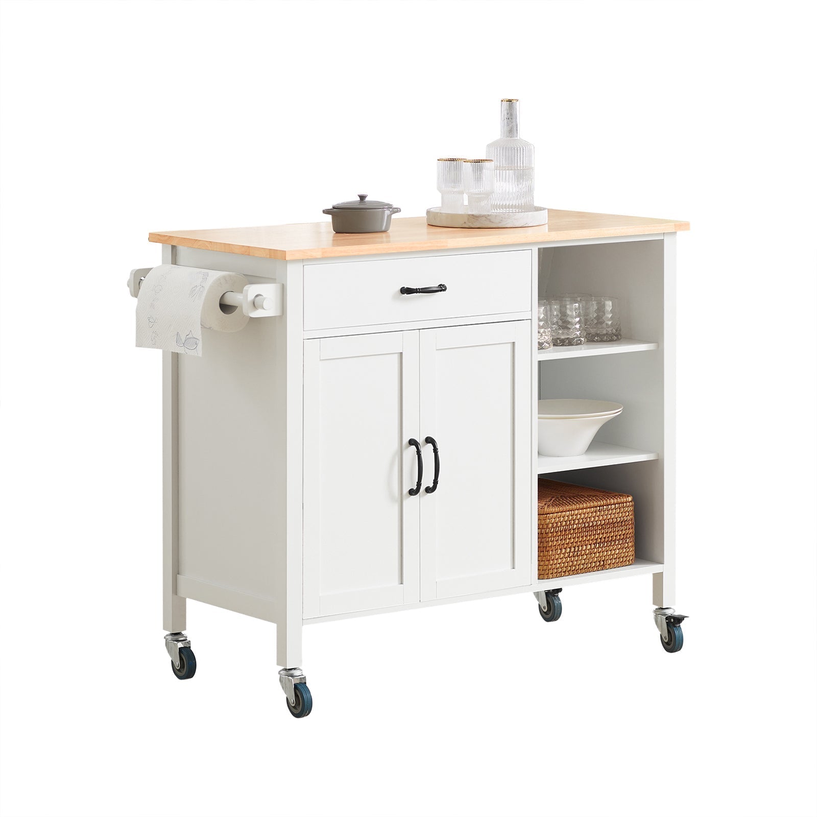 SoBuy FKW103-WN Desserte Cuisine Desserte à roulettes Chariot de Cuisine Meuble de Rangement avec Porte-Serviettes, Placard Tiroir et 3 étagères 