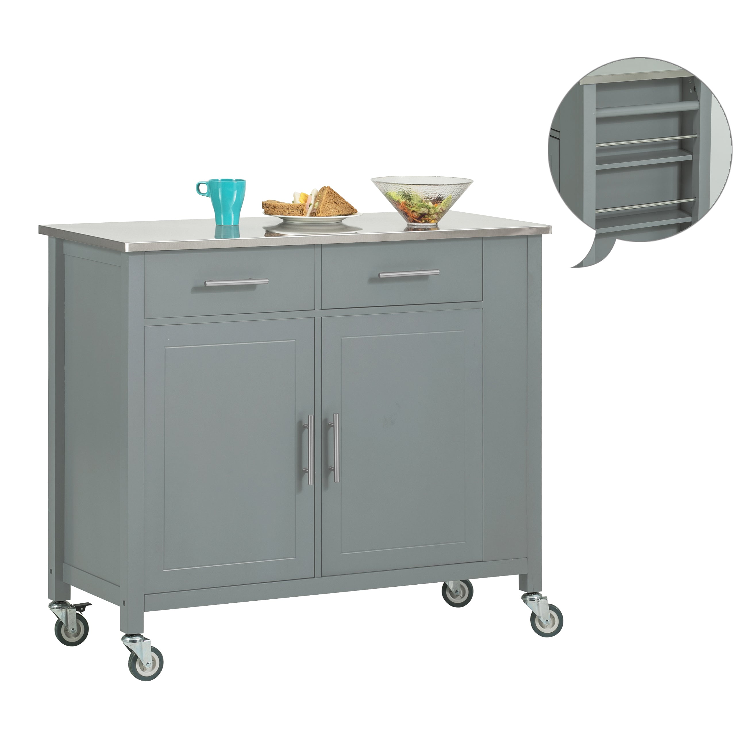 SoBuy FKW108-HG Desserte Roulante Chariot de Cuisine et Roulettes Avec Etagère Latérale, Portes et Tiroirs en Acier INOX