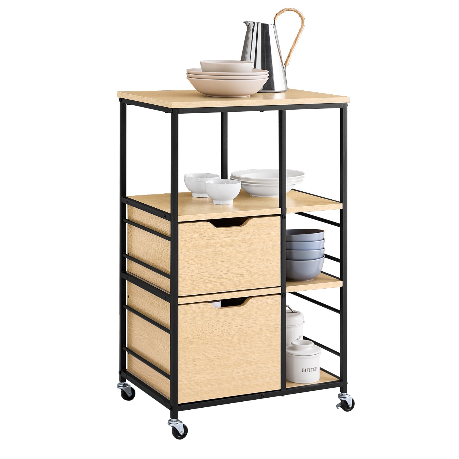 SoBuy FKW111-N Dessert Cuisine en Bois Naturel et Métal Noir – Chariot et Tiroirs Avec Étagères – Meuble de Cuisine et Roulettes Avec Plan de Travail – Style Scandinave 89x53x37cm 