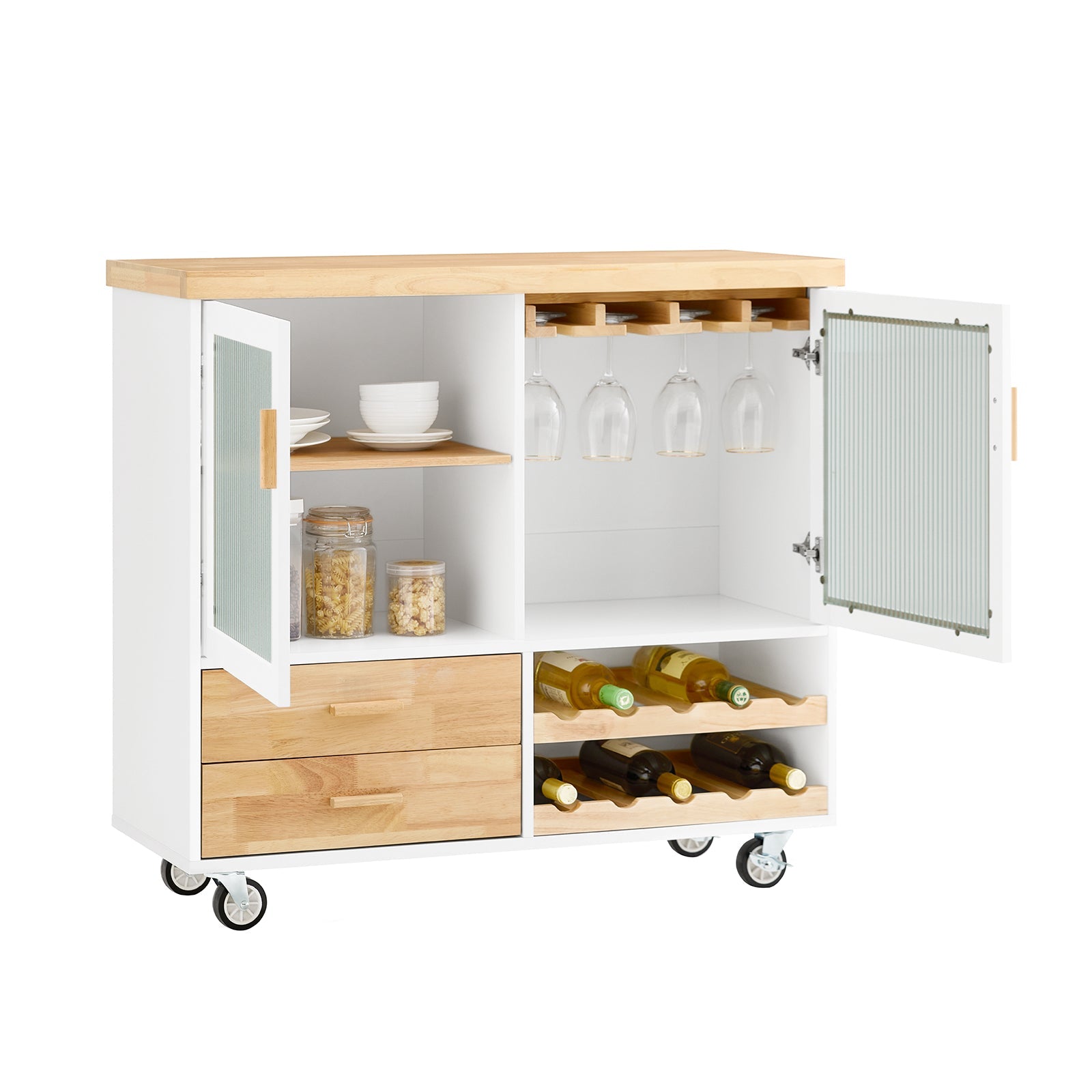 SoBuy FKW114-WN Îlot Central de Cuisine Buffet avec Plateau en Bois d'Hévéa, Porte-Bouteilles à 2 Niveaux