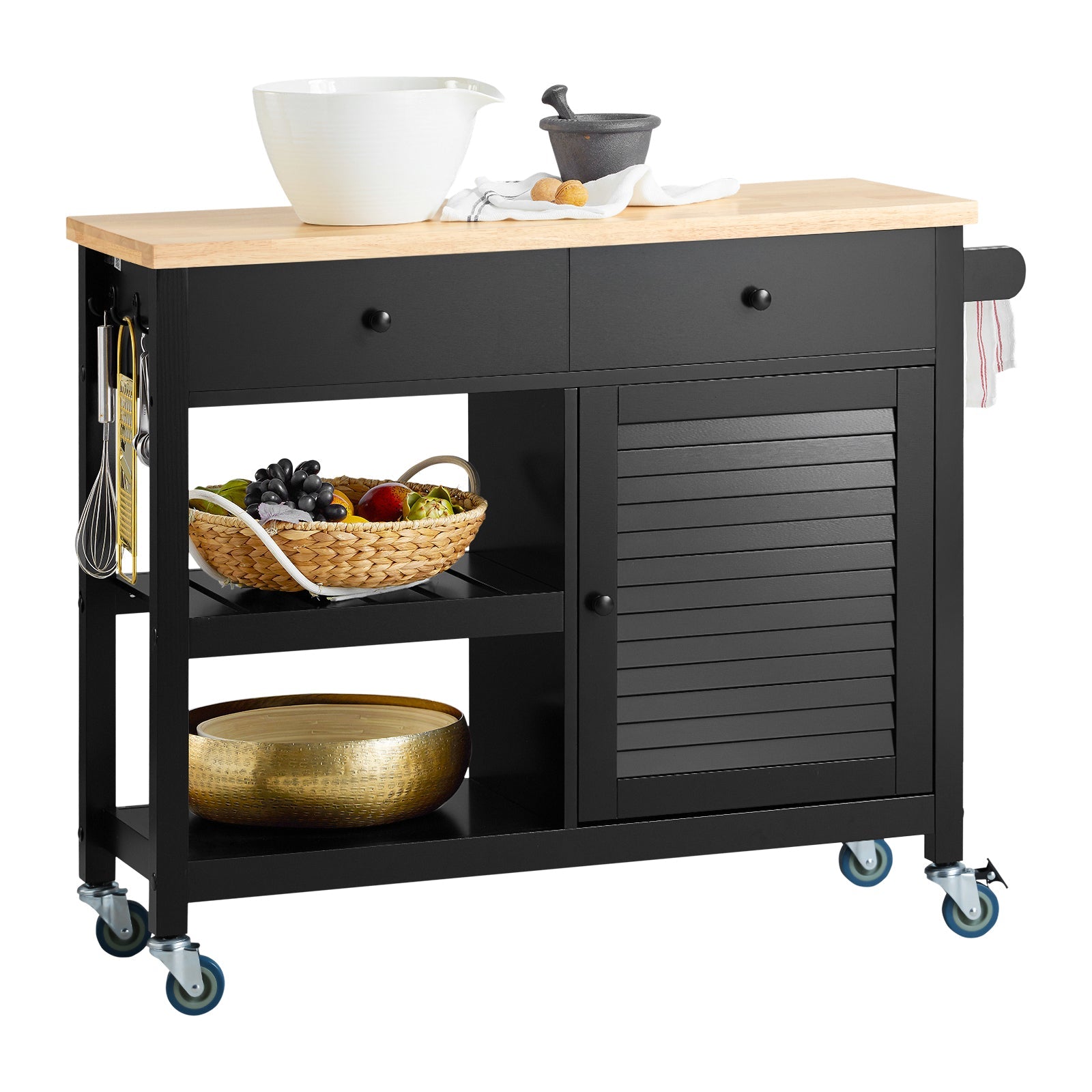 SoBuy FKW115-SCH Dessert de Cuisine Roulante Chariot de Service Multi-rangements Buffet Armoire de Cuisine, 1 Porte, 1 Grand Tiroir et 3 Crochets