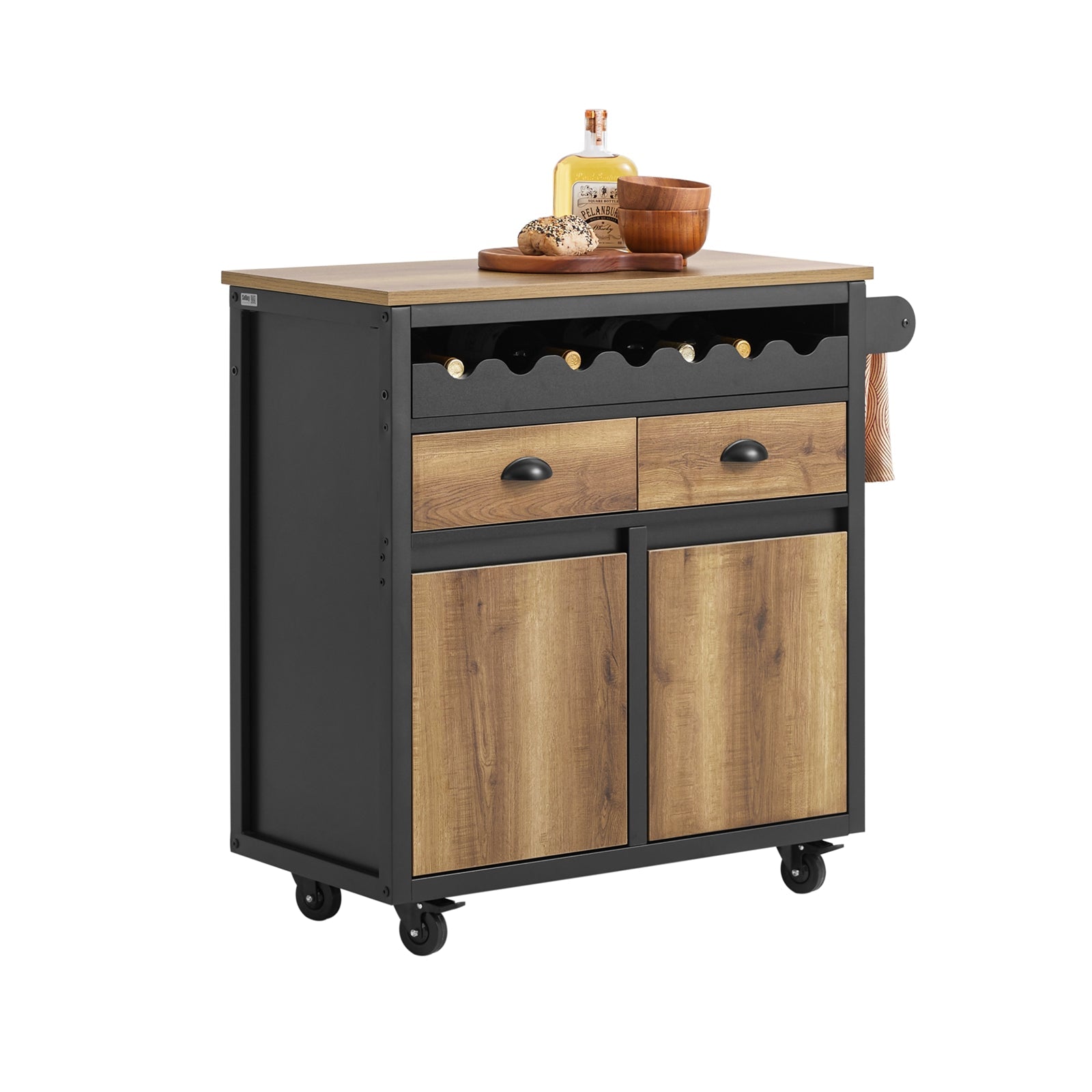 SoBuy FKW122-SCH Dessert de Cuisine et roulettes Chariot de Cuisine, 1 Porte-Bouteilles, 2 Tiroirs et 2 Portes