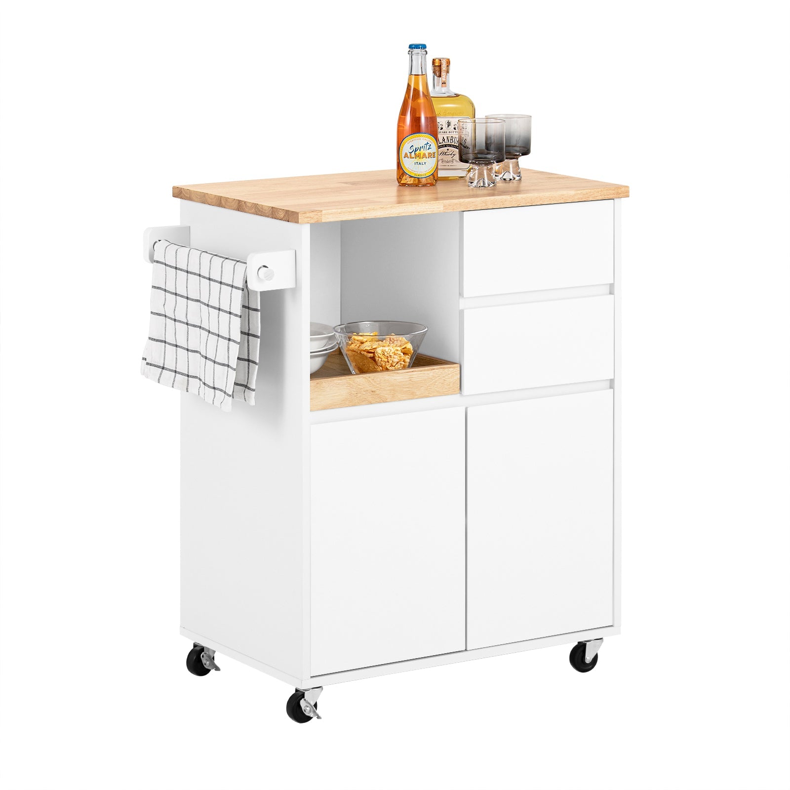 SoBuy FKW123-WN Dessert de Cuisine et roulettes Chariot de Cuisine îlot de Cuisine Buffet Armoire de Rangement, 1 Plateau Amovible, 2 Tiroirs et 2 Portes, 72x40x84 cm, Blanc 