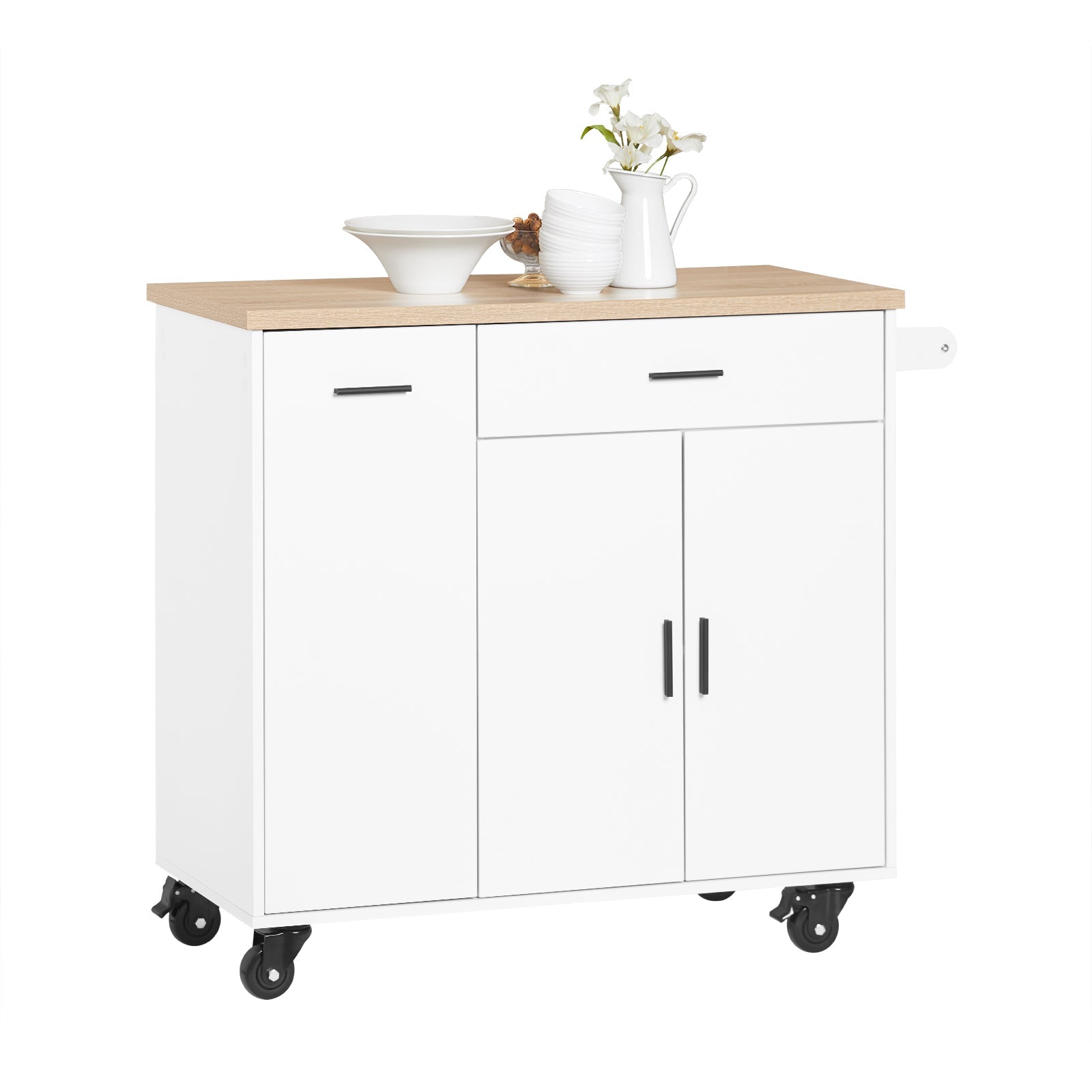 SoBuy FKW126-WN Dessert de Cuisine et roulettes îlot de Cuisine Chariot de Service Buffet Placard Armoire Cuisine avec 2 Tiroirs, 2 Portes, Porte-torchon, 105x46x92 cm 