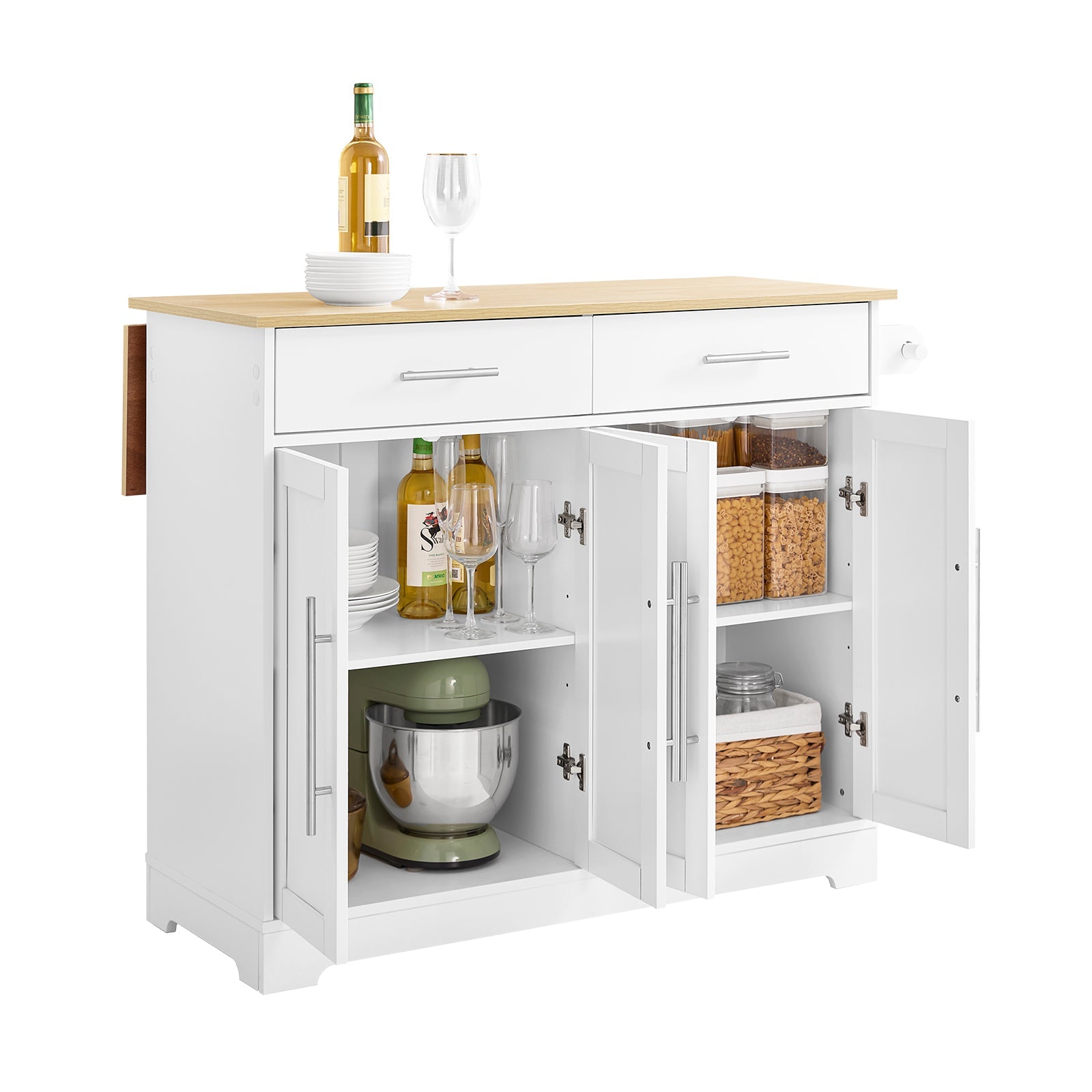 SoBuy FKW129-WN Desserte de Cuisine et Roulettes en Centrale avec Plan de Travail Extensible, 2 Tiroirs et Etagères Chariot Mobile en Cuisine et Salle en Manger, Blanche 113x91x(44-69) cm 