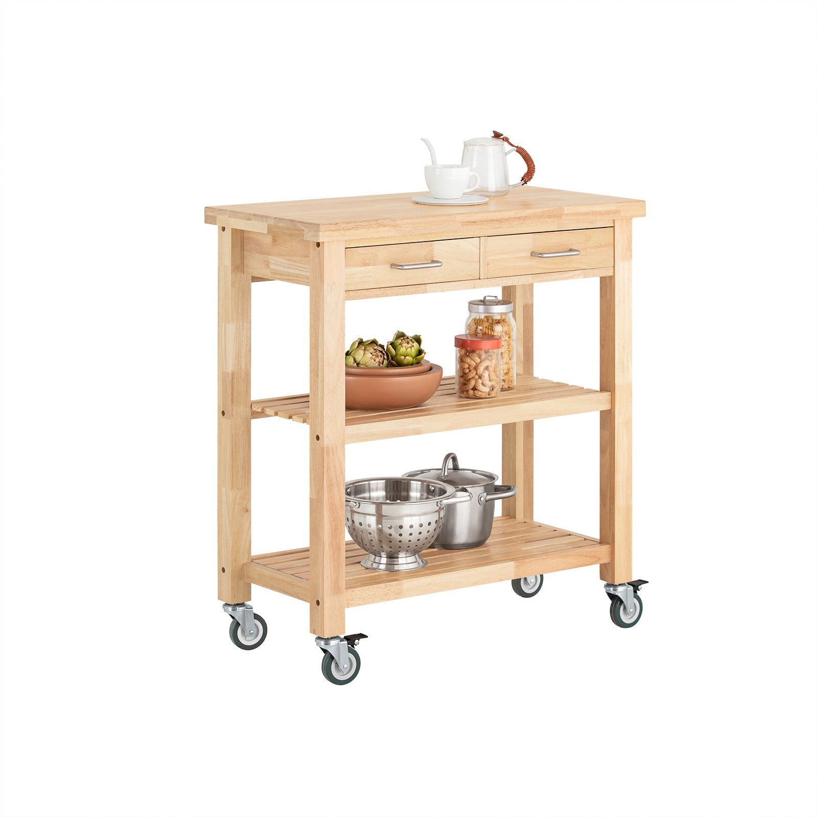 SoBuy FKW24-N Chariot de Cuisine en bois d'hévéa Kitchen Desserte Desserte roulante
