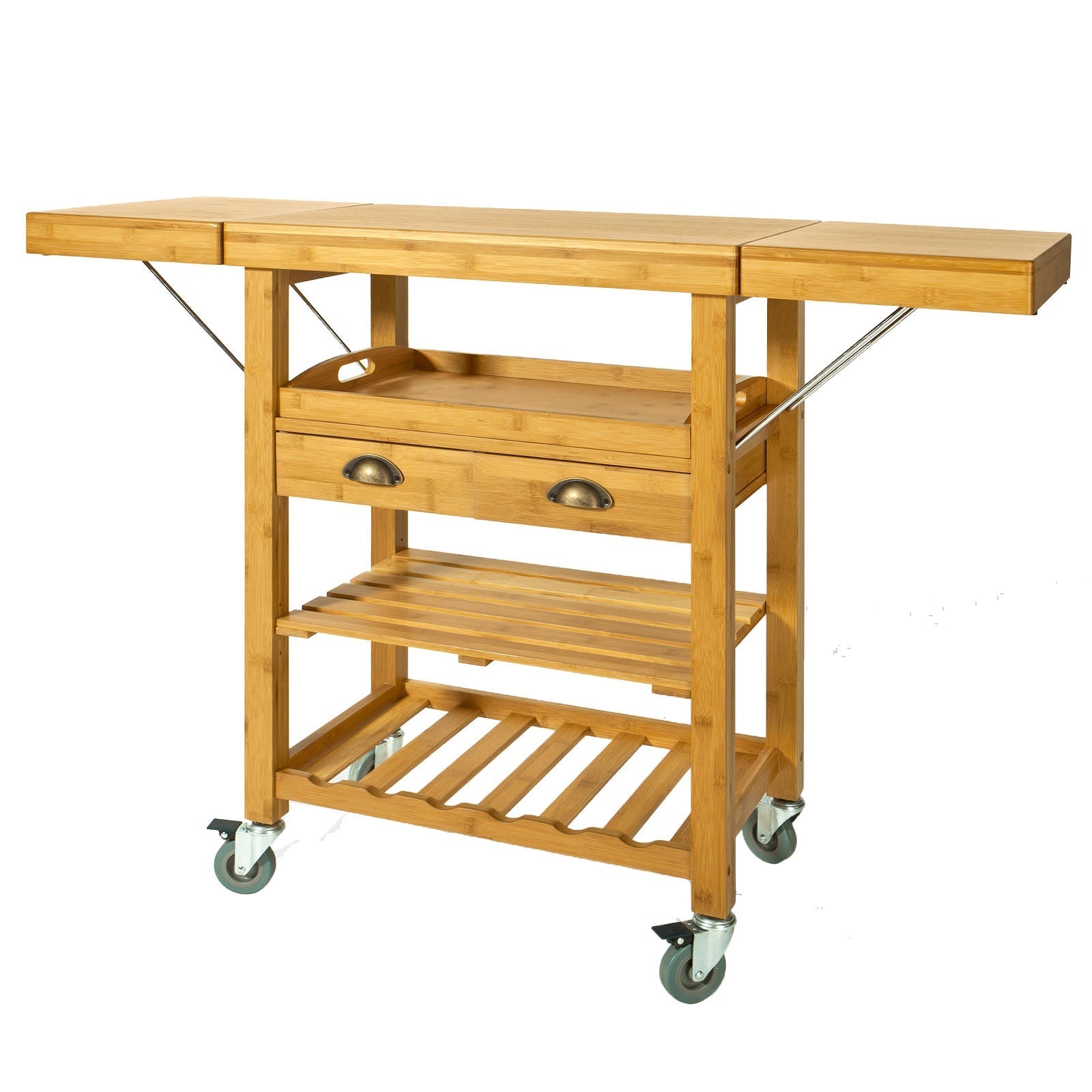 SoBuy FKW25-N Dessert de Cuisine sur Roulettes en Bambou – Meuble Cuisine Compact avec Plateau Rabattable Table d'Ombre avec Tiroirs et Étagères Ouvertes, Design Industriel 135x92x37cm 