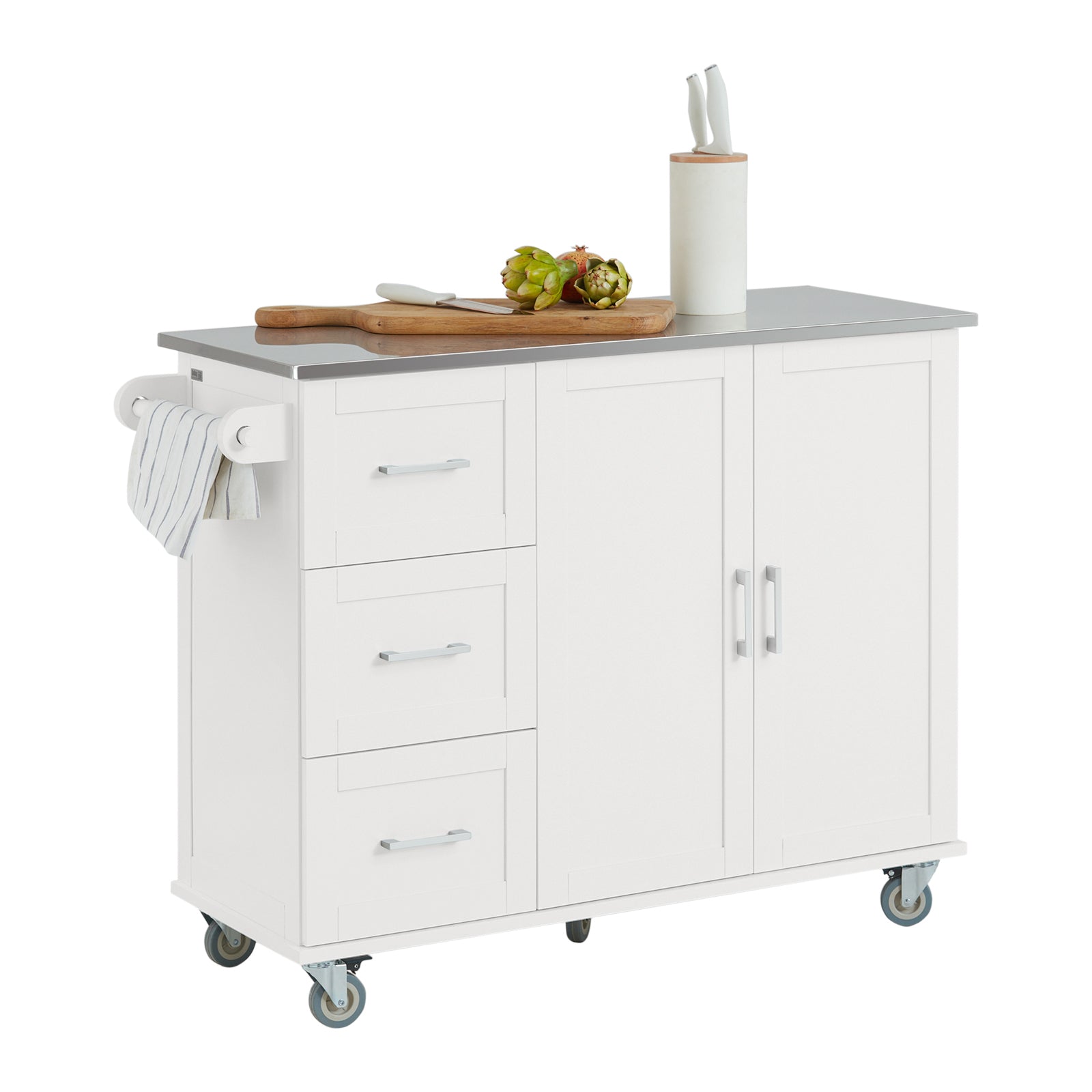 SoBuy FKW30-II-W Desserte sur roulettes, Meuble Chariot de Cuisine de Service Roulant avec 3 tiroirs et 1 Grande Armoire de Rangement, Plateau en Acier
