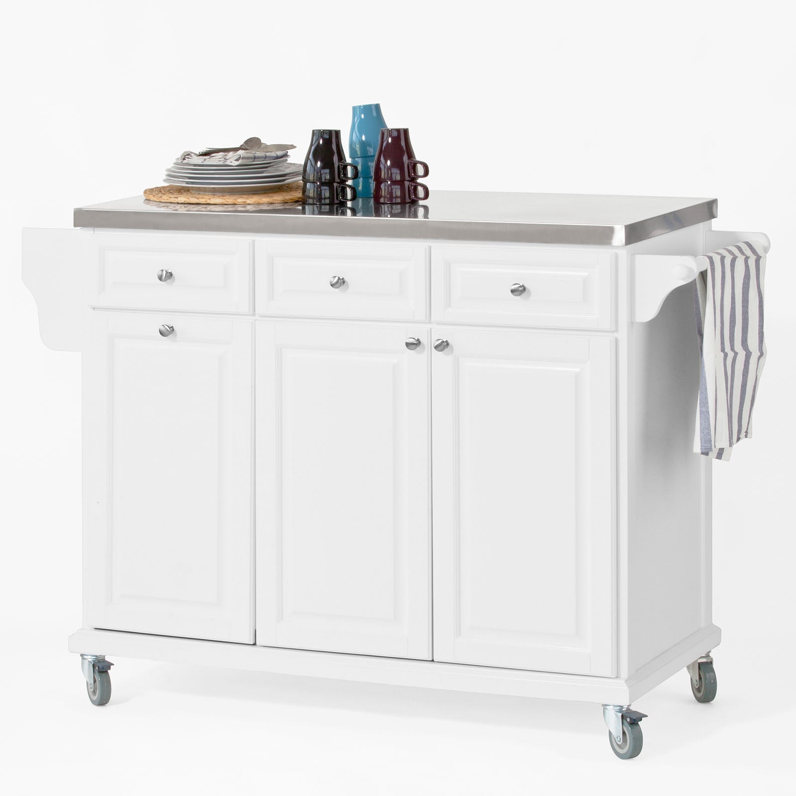 SoBuy FKW33-W Desserte en Cuisine et Roulettes en Centrale Avec Plan en Acier Inoxydable, 3 Tiroirs et Résidences, Chariot Mobile en Cuisine et Salle à Manger 133 x 48,5 x 95 cm 