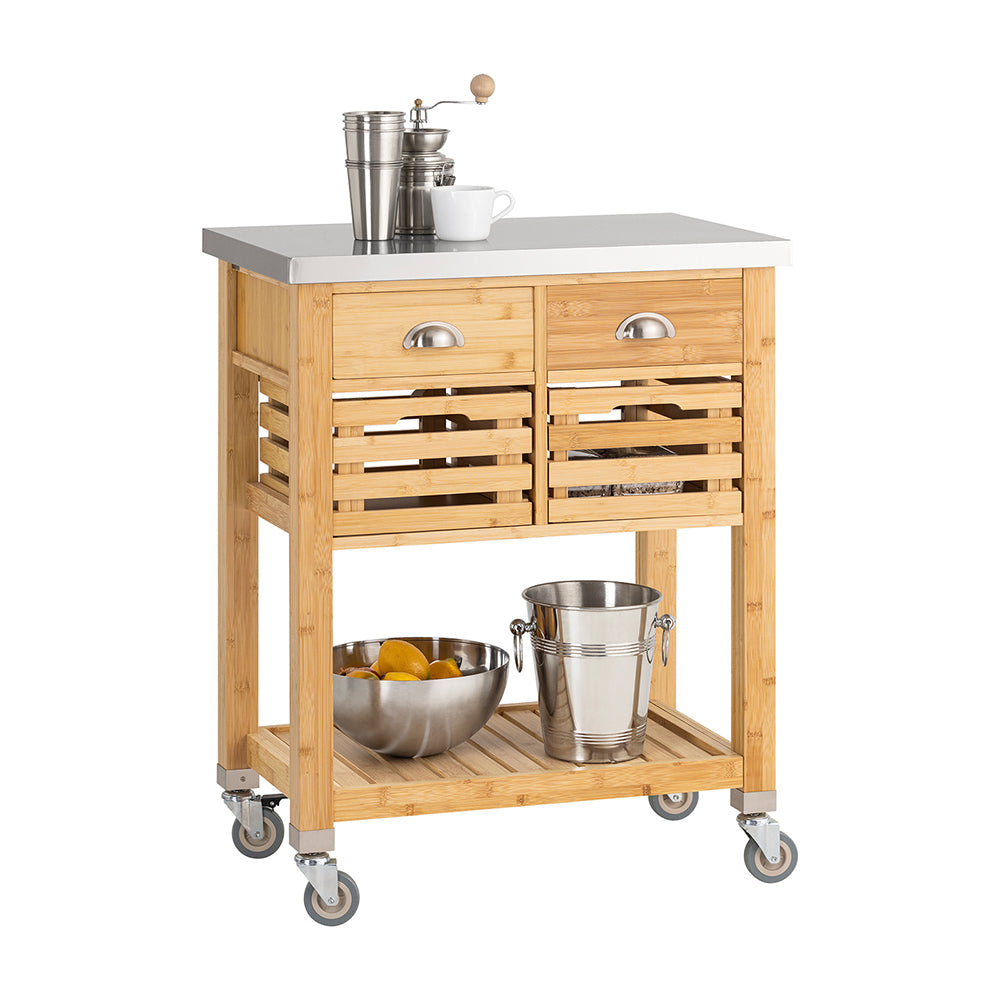 SoBuy FKW40-N Dessert Cuisine avec roulettes Meuble Cuisine en Bambou avec Plan de Travail INOX Central Compact, Chariot de Service pour Cuisine, Salon, Exterrieur 73x93x46cm 