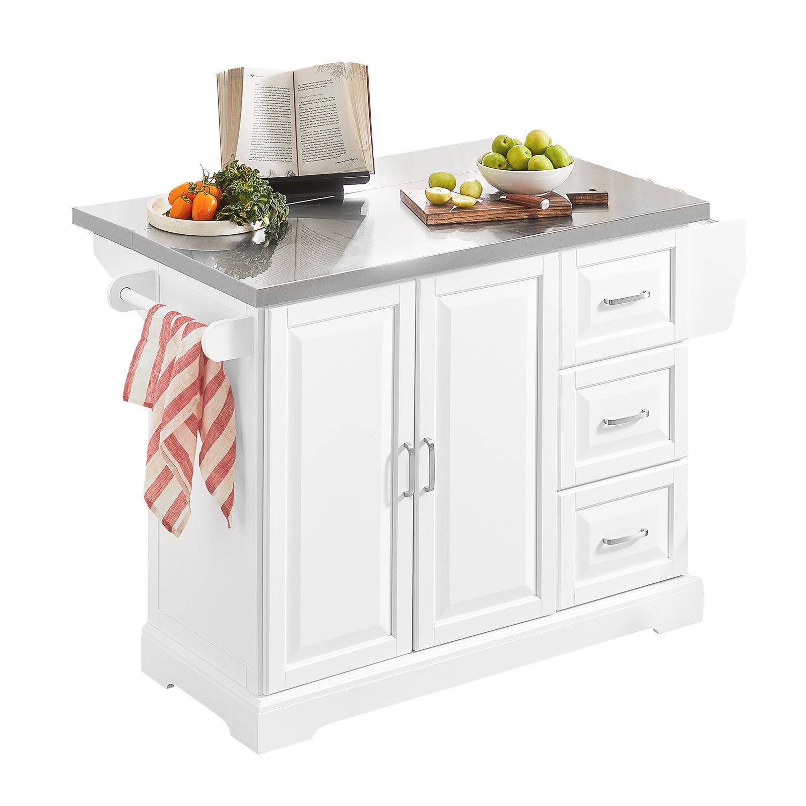 SoBuy FKW41-ST Desserte sur roulettes Meuble de Cuisine de Service Roulant en Bois, Plans de Travail Rabattables en Acier INOX