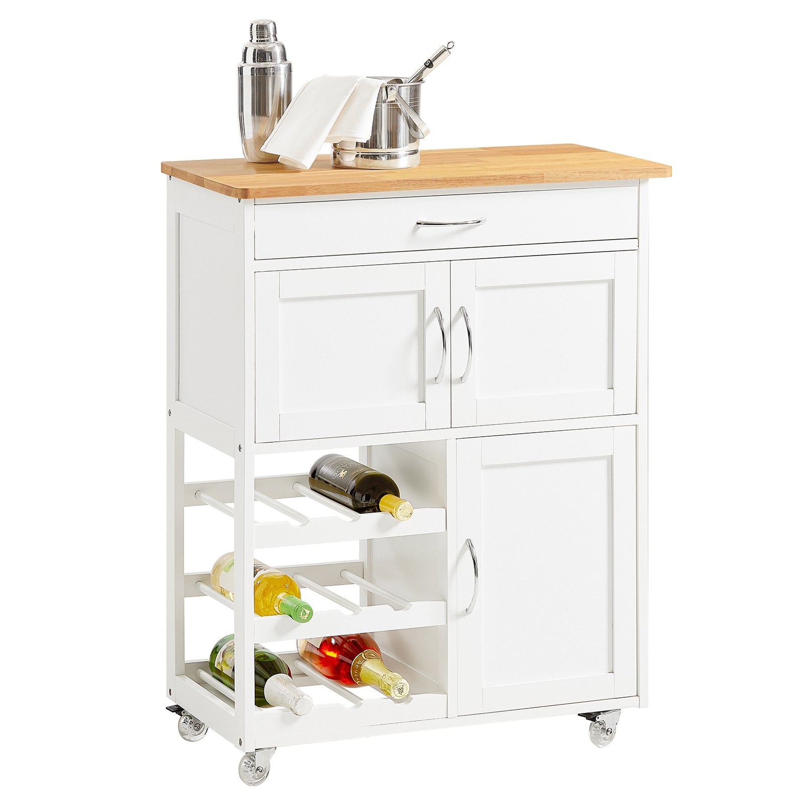 SoBuy FKW45-WN Desserte de Cuisine, Chariot de Service Roulant, Armoire de Rangement Sur Roulettes, Plateau en Bois d'Hévéa, Avec Tiroir, Porte-Bouteilles et Portes, L67xH87xP37cm, Blanc