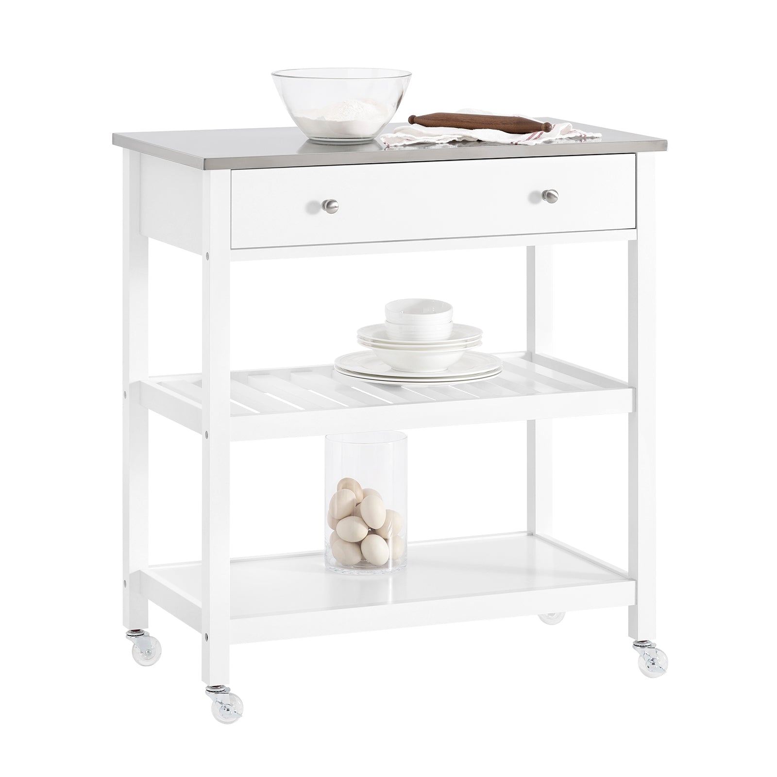 SoBuy FKW47-II-W Dessert Cuisine et Roulettes Centrales Avec Plateau Acier INOX, Tiroirs et Etagères Ouvertes, Chariot de Service et Meuble de Rangement pour Cuisine Salon Jardin, 81x90x45cm 
