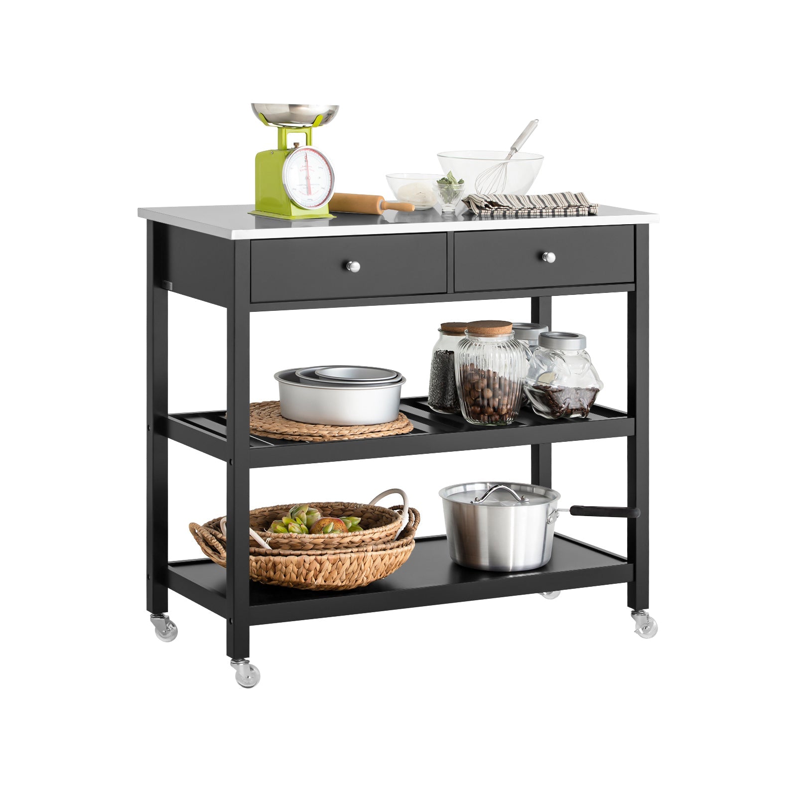 SoBuy FKW47-SCH Desserte roulette chariot de cuisine 2 étages avec grand plan de travail