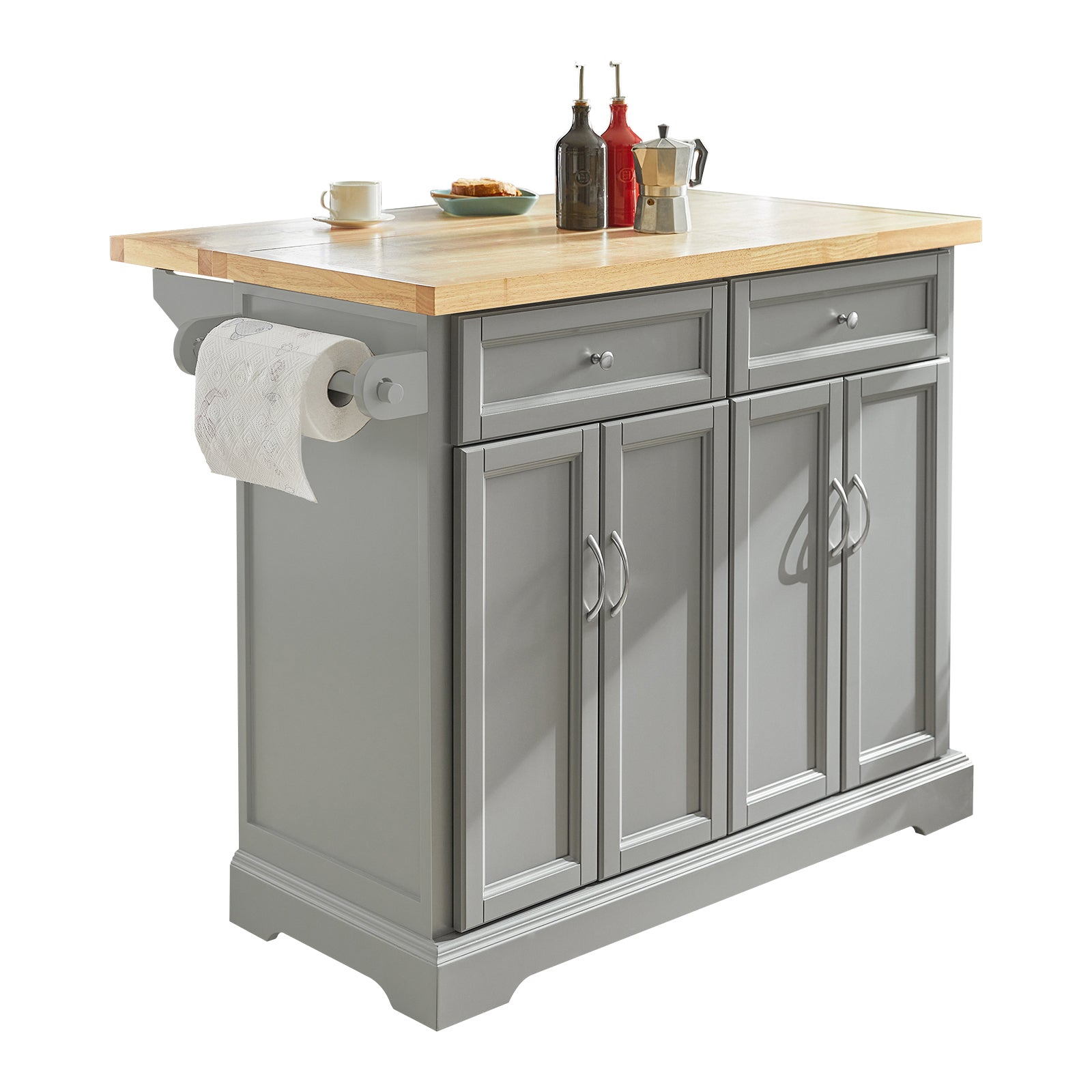 SoBuy FKW71-HG Dessert de Cuisine à Roulettes – Îlot Central avec Plan de Travail Extensible, 2 Tiroirs et Étagères réglables – Chariot Mobile pour Cuisine ou Salle à Manger, Gris, 115x92x(46-71)cm 