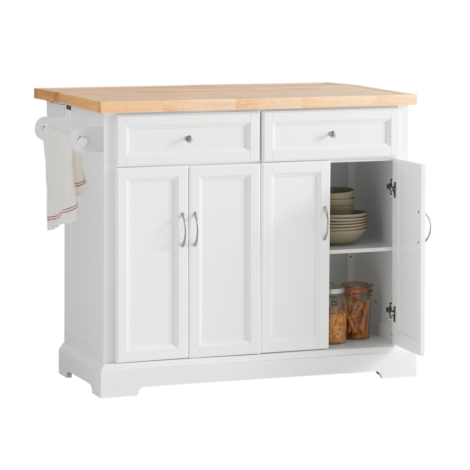 SoBuy FKW71-WN Dessert de Cuisine à Roulettes – Îlot Central avec Plan de Travail Extensible, 2 Tiroirs et Étagères réglables – Chariot Mobile pour Cuisine ou Salle à Manger, Blanche 115x92x(46-71)cm