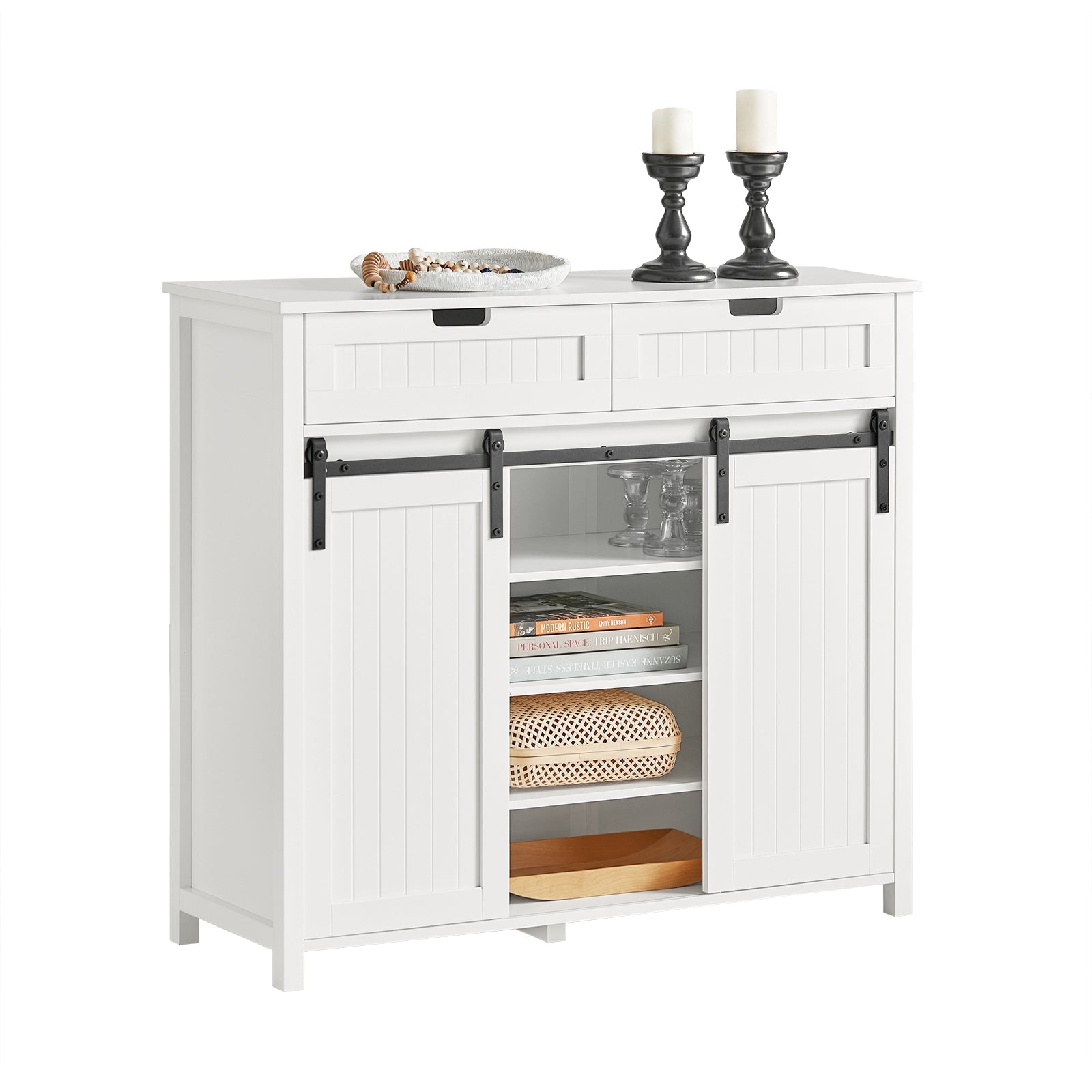 SoBuy FSB74-W Buffet Bahut, Commode Armoire de Rangement Meuble de Rangement avec 2 Ports de Grange Coulissantes et 2 Tiroirs