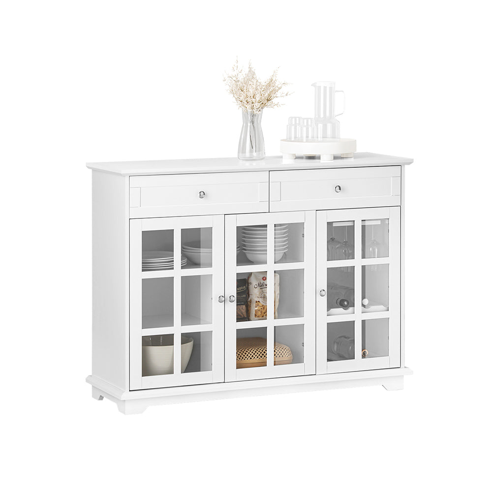 SoBuy FSB77-W Buffet Bas, Commode Armoire de Rangement, Placard de Cuisine, 3 Portes Vitrées, 2 Tiroirs