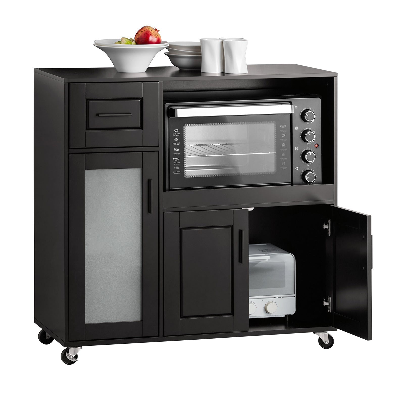 SoBuy FSB78-SCH Meuble Micro-Ondes Buffet Commodity Sur Roulettes Armoire de Cuisine Multi-Rangement avec 3 Portes, 1 Tiroir, 1 Compartiment