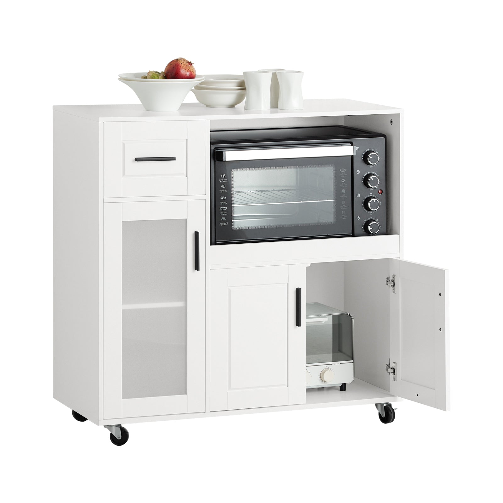 SoBuy FSB78-W Meuble Micro-Ondes Buffet Commodity Sur Roulettes Armoire de Cuisine Multi-Rangement avec 3 Portes, 1 Tiroir, 1 Compartiment