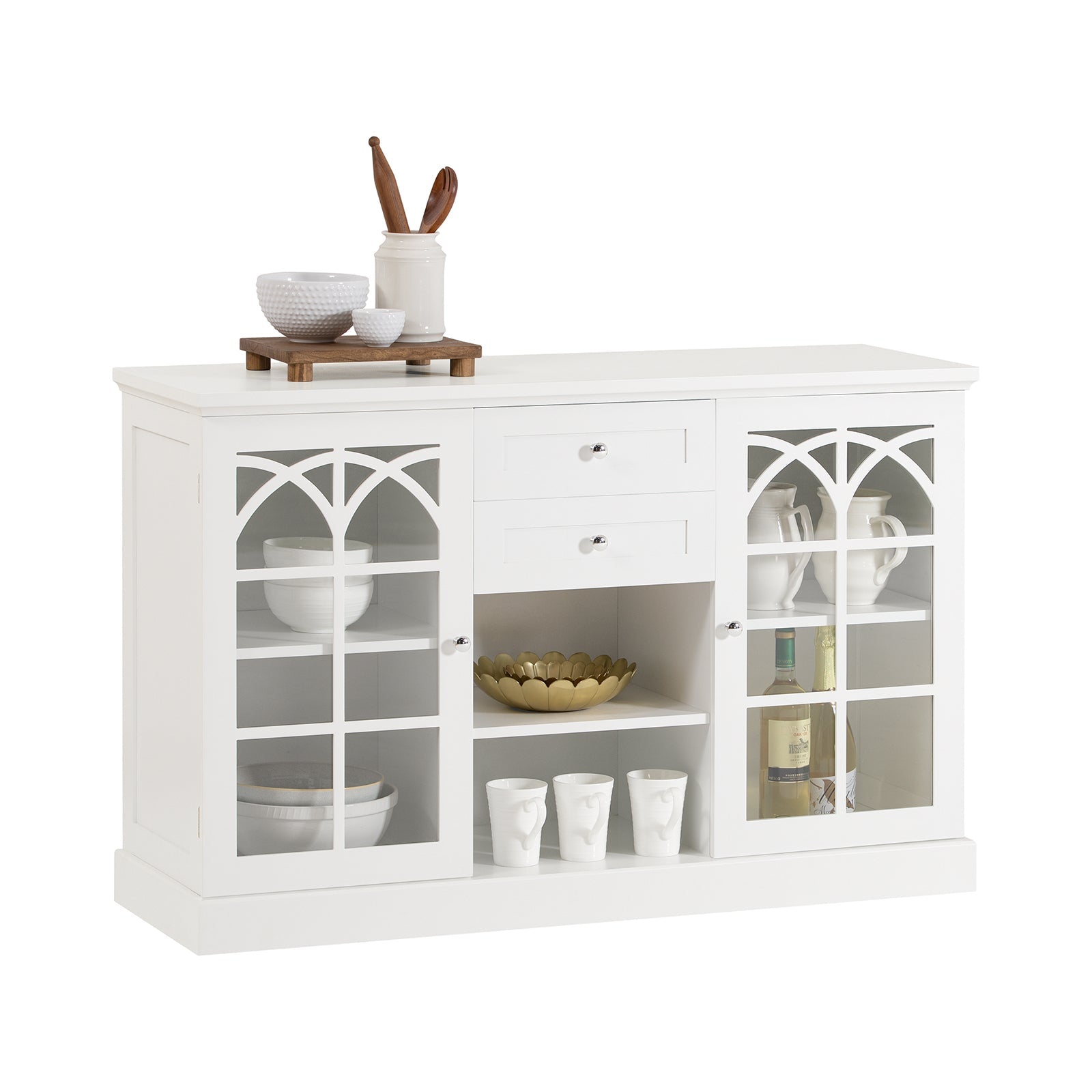 SoBuy FSB79-W Buffet Commode Dressing Armoire de Cuisine Multi-Rangement Avec 2 Portes Vitrées, 2 Tiroirs, 2 Compartiments